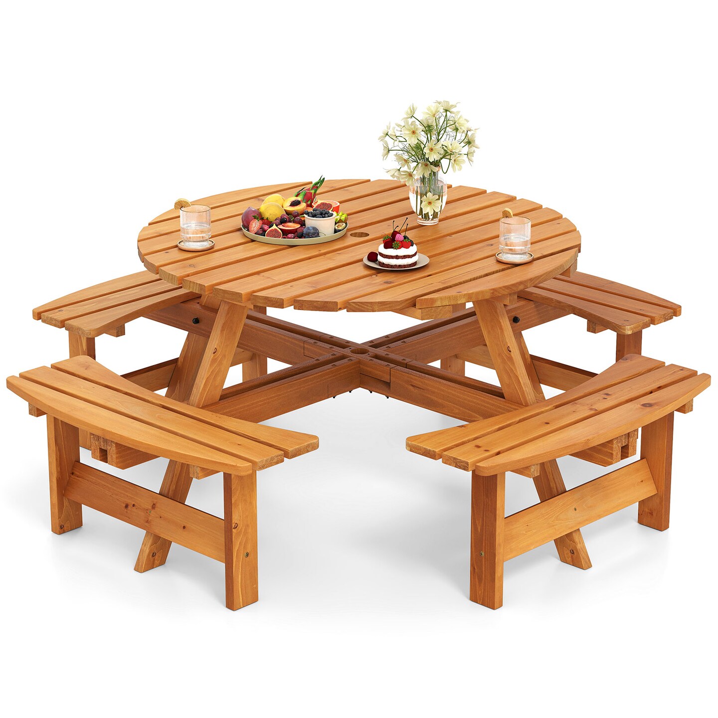 Fir Wood Round Picnic Table Set with 4 Benches and Umbrella Hole