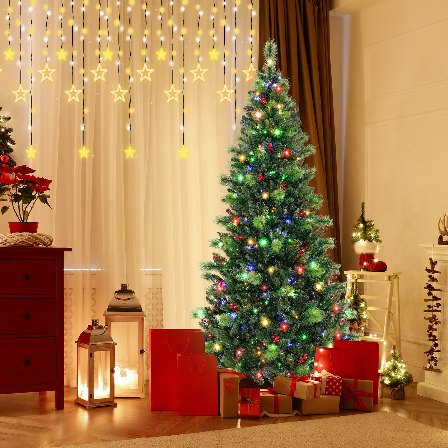 Green Pre-Lit Artificial Christmas Tree with LED Lights, Red Berries and Hinged Branches