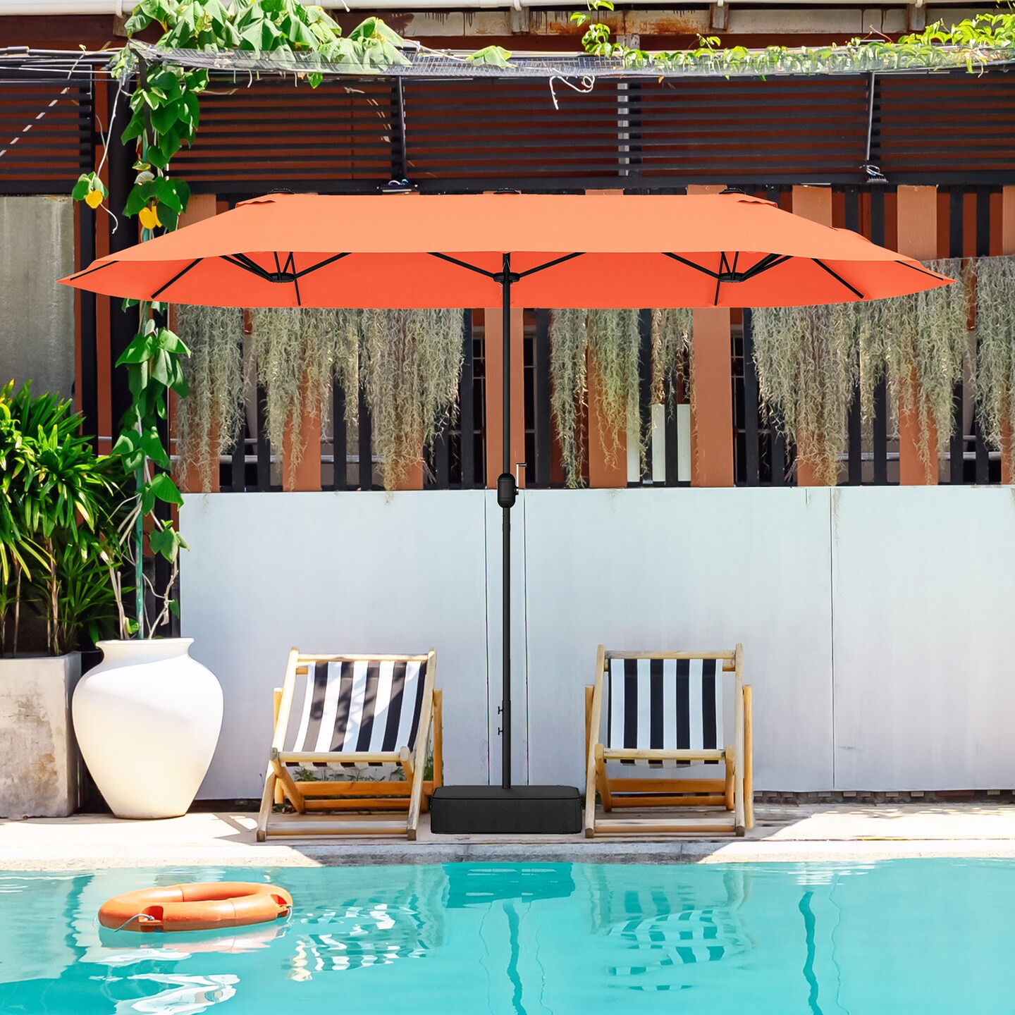 13ft Vented Outdoor Umbrella with Crank Handle and Weighted Base for Deck