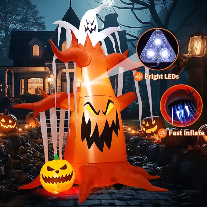 GOOSH 10 FT Halloween Inflatables Scary Dead Tree with Pumpkin and Ghost with Built-in LEDs