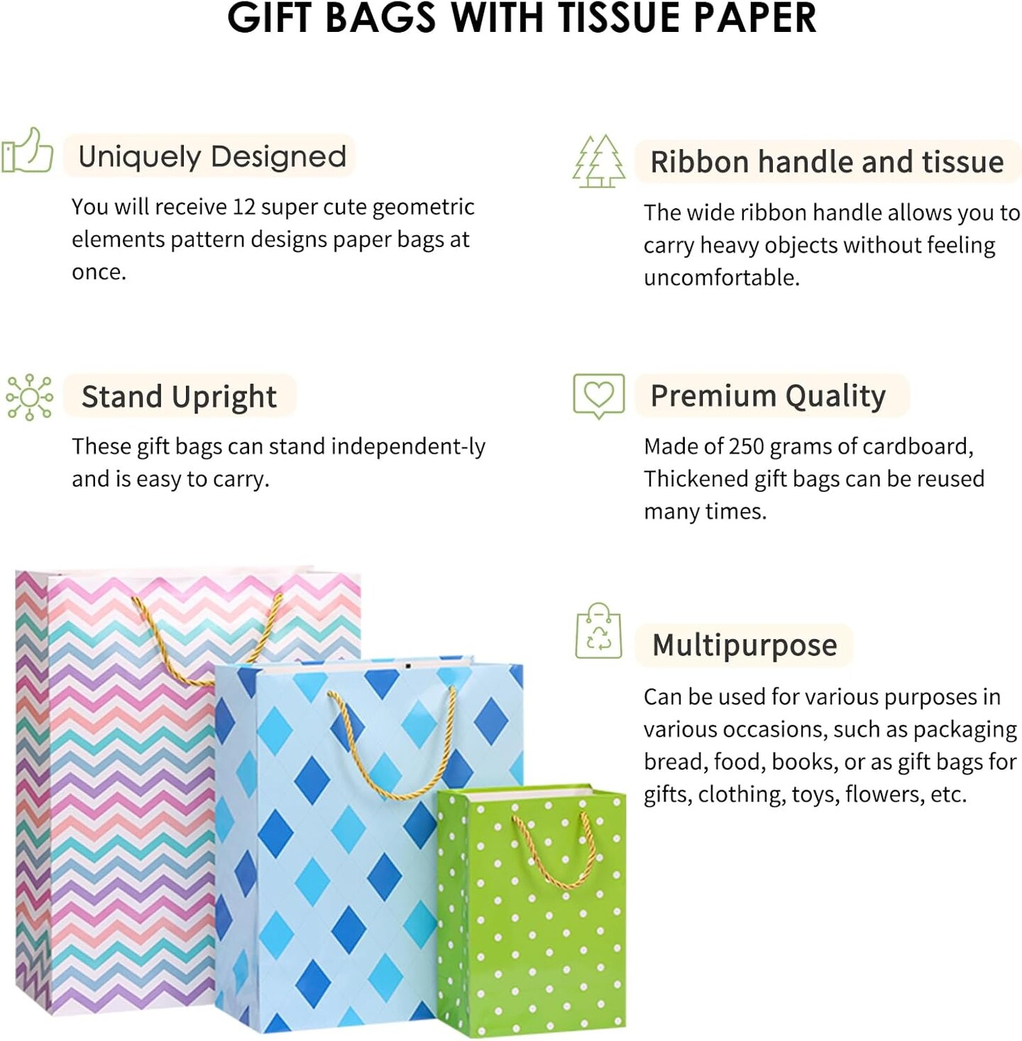 12pcs Paper Gift Bags Assorted Sizes with Tissue, Birthday Gift Bags 3 Sizes (4 Medium/4 Large/4 Extra Large) - For Birthday, Baby Showers, Party & Wedding