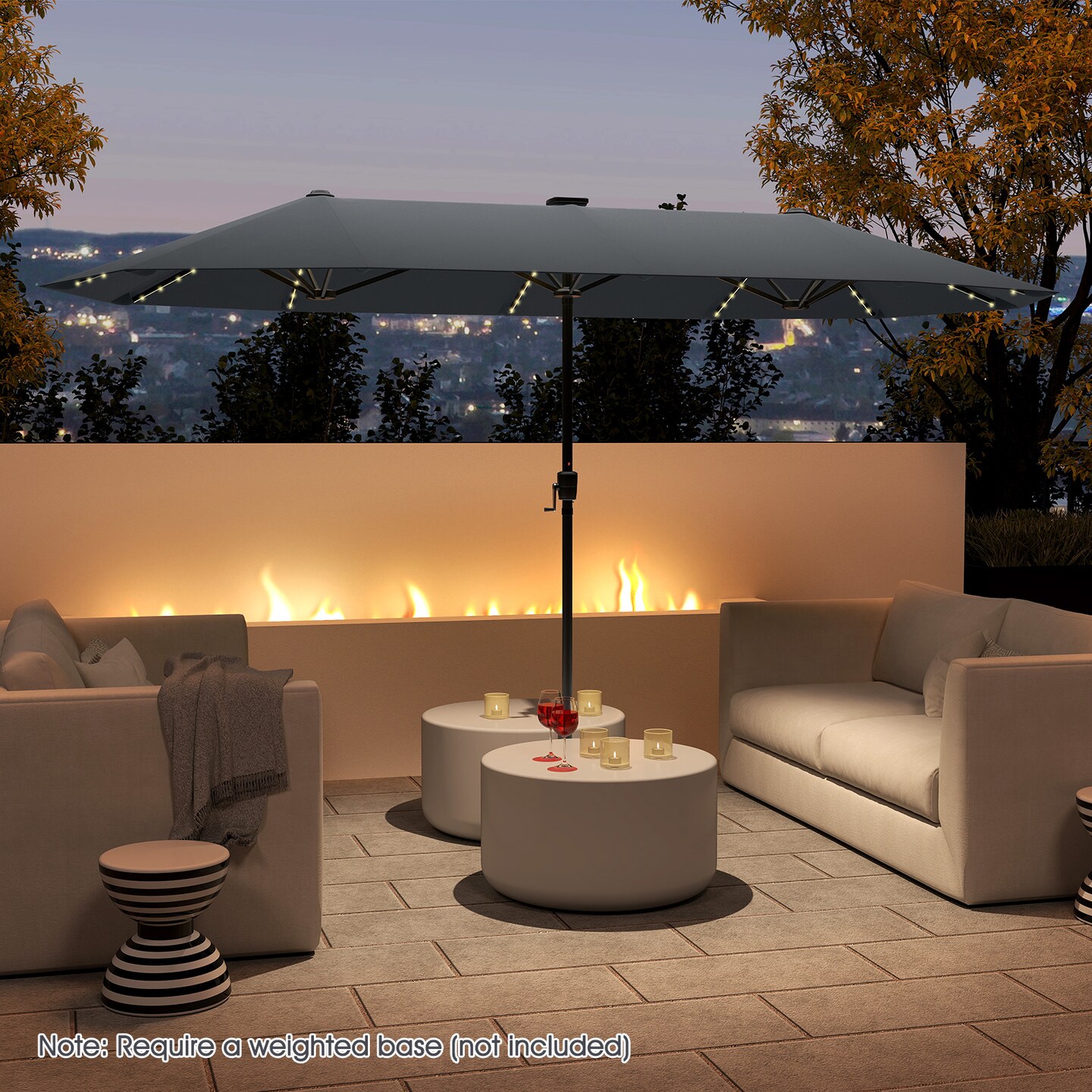 LED Patio Umbrella, Solar-Powered Double Canopy with Crank Handle