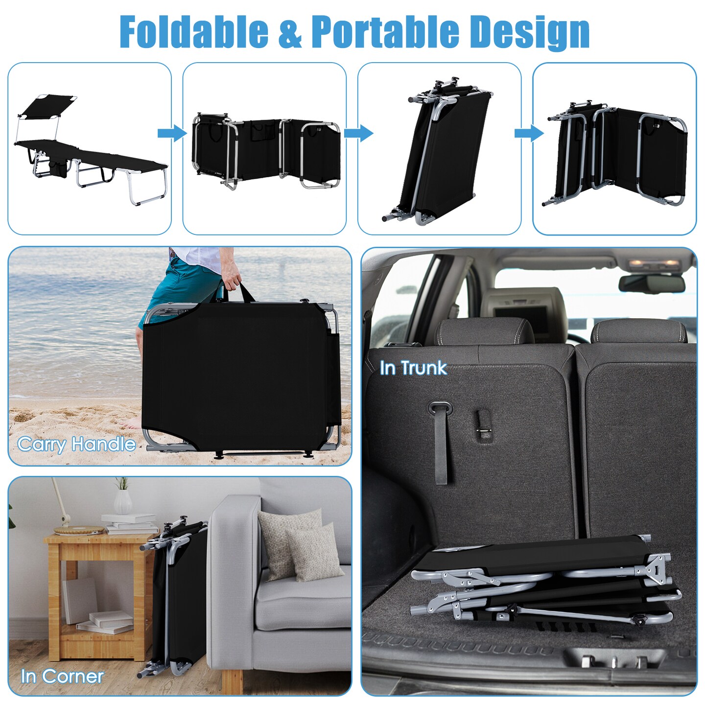 Set of 2 Portable Reclining Chair Set with Canopy and Storage Pocket