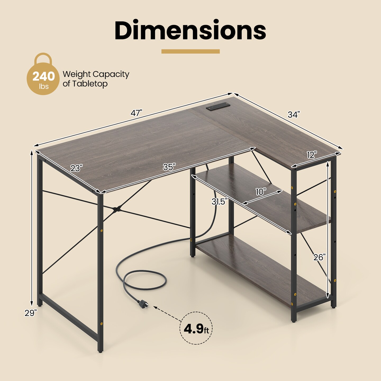 47 Inch L Shaped Computer Desk with Charging Station and Corner Storage Shelves