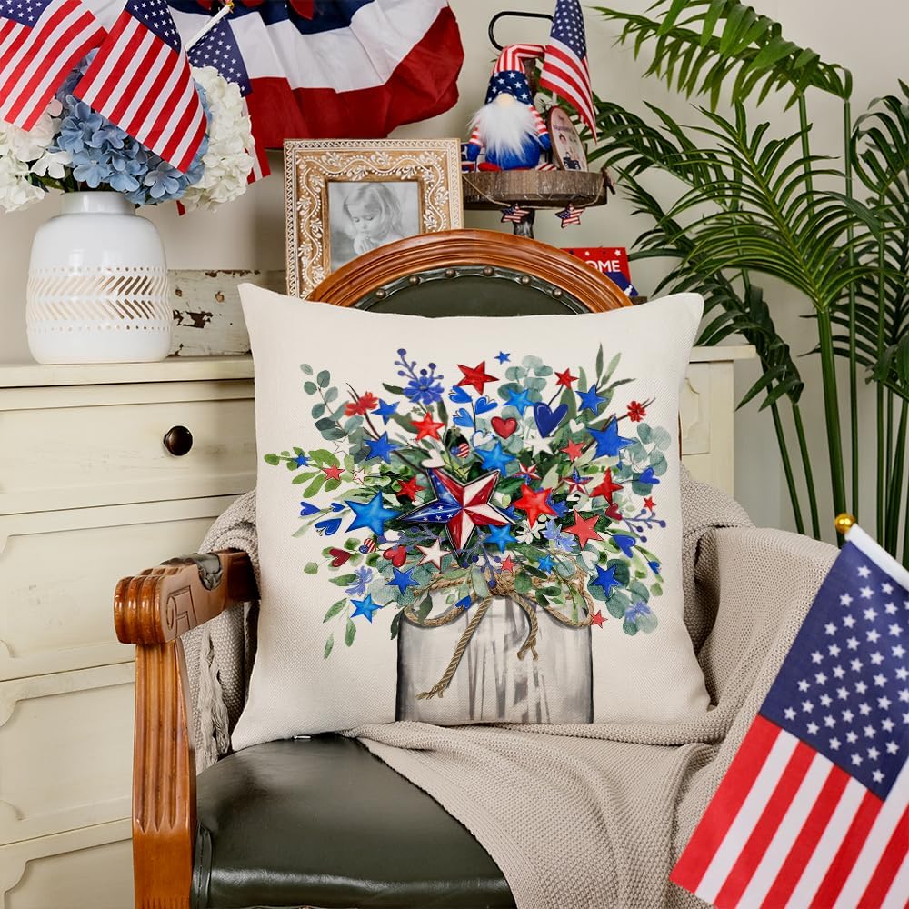 4th of July Pillow Covers 18x18 Inch Stars Floral Vase Butterfly Decor Patriotic America USA Holiday Pillow Case Independence Memorial Day Decorations for Home Sofa