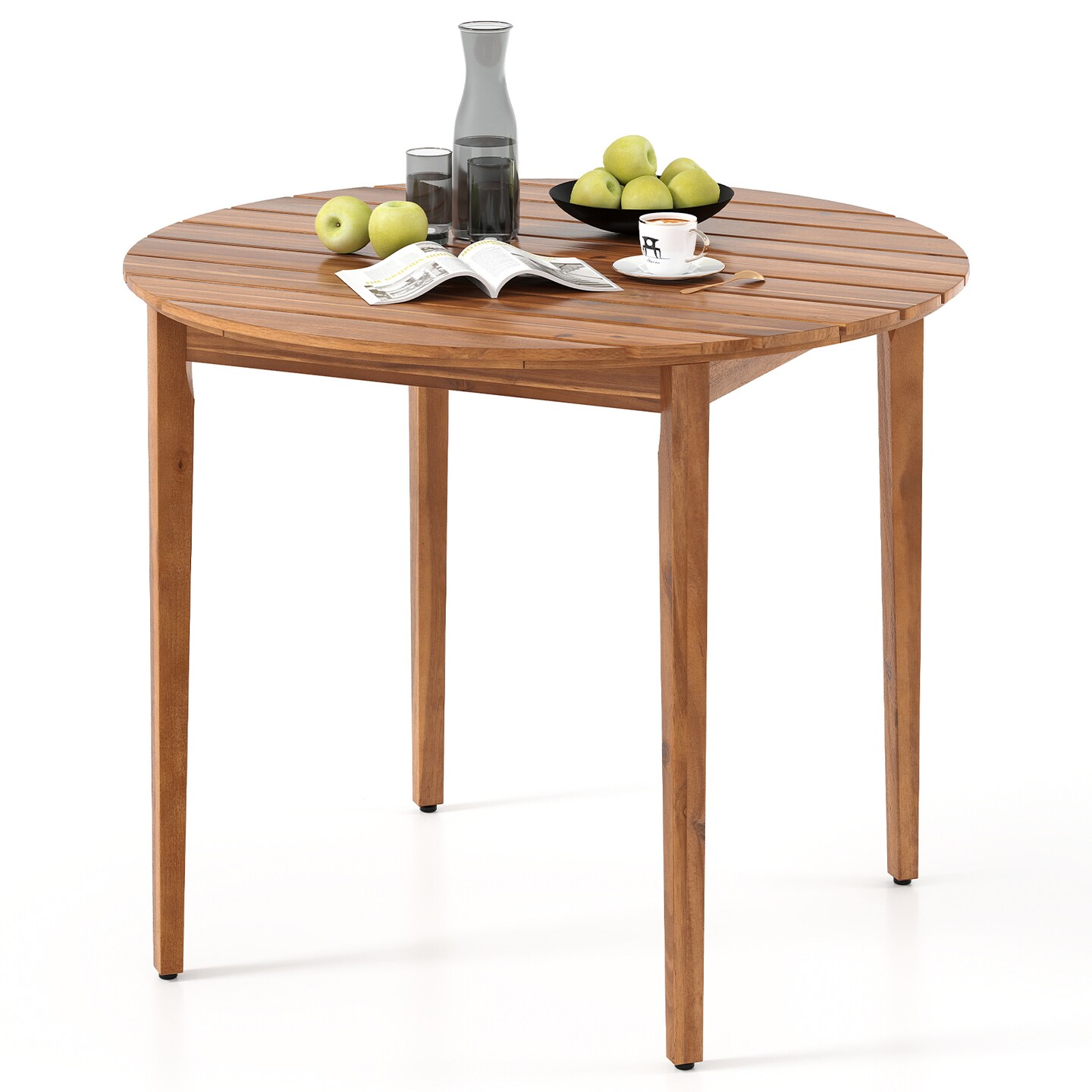 36" Round Acacia Wood Patio Dining Table with Triangular Support Perfect for Seats 4 Comfortably