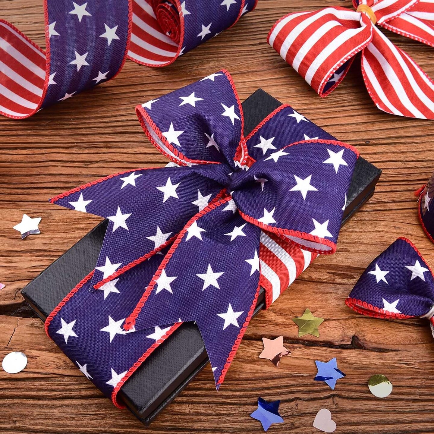 2 Rolls Patriotic Wired Edge Ribbon Stars and Stripes Reversible Ribbons Red White Blue Decorative Ribbon for 4th of July