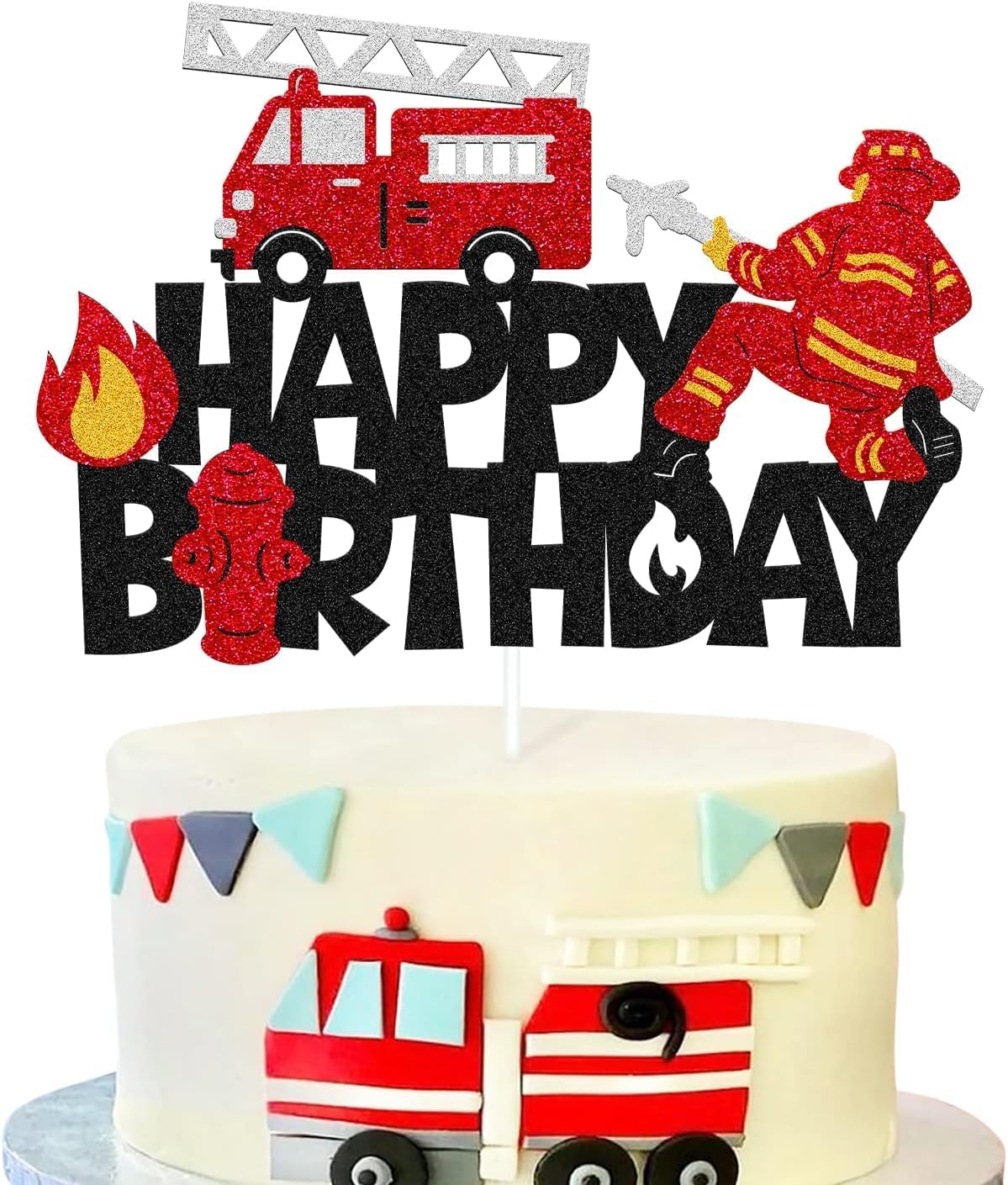 Premium Firefighter Birthday Cake Topper - Vibrant Fireman-Themed Glitter Cardstock Party Decoration, Perfect Centerpiece