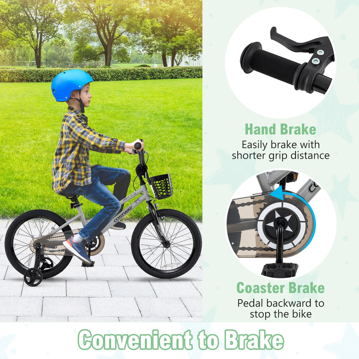 Children’s Bike with Training Wheels and Enclosed Chain Guard, Hand Brake Basket Reflectors