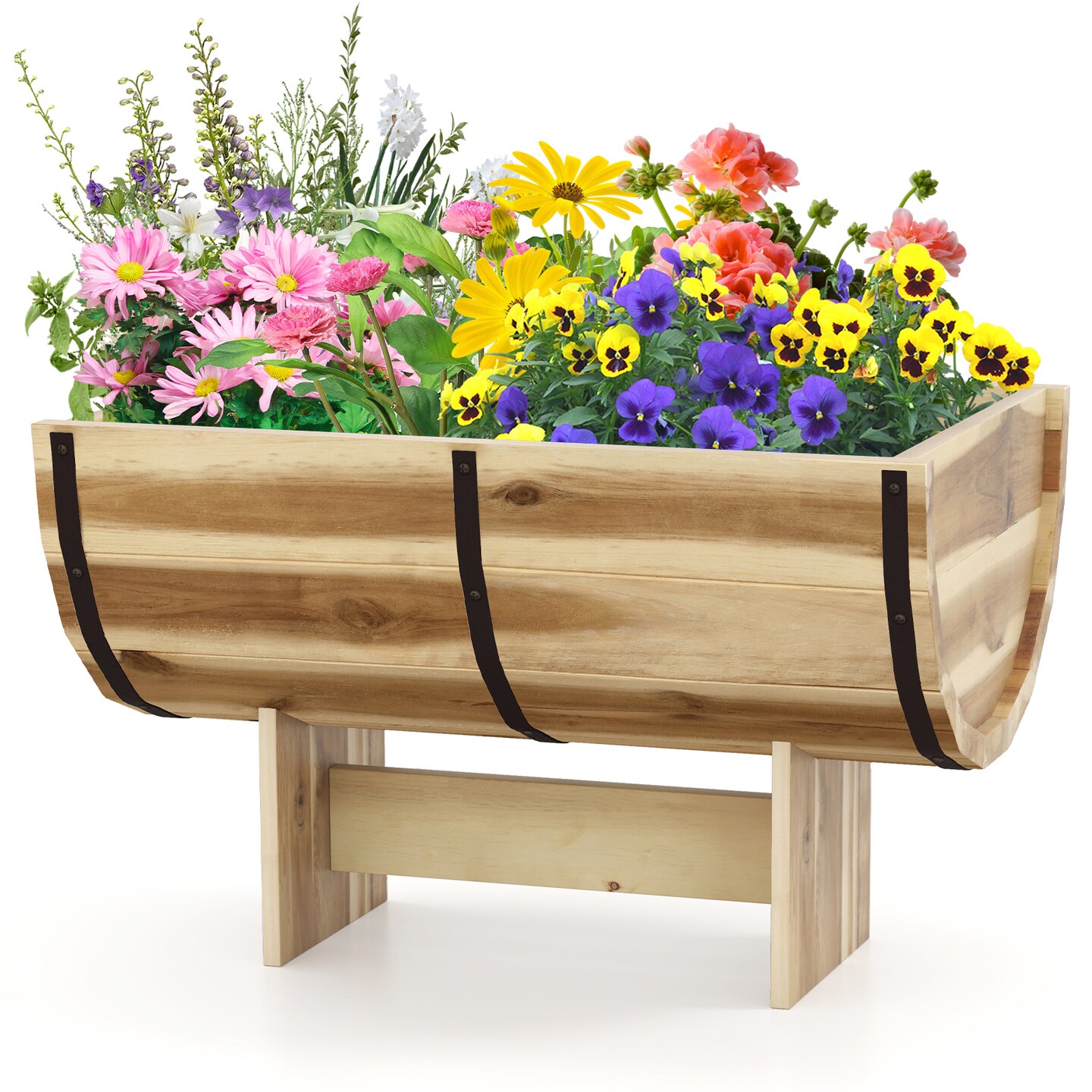 Natural Acacia Wood Planter Box with Drainage Gaps Rustic Barrel-Style Garden Pot for Outdoors