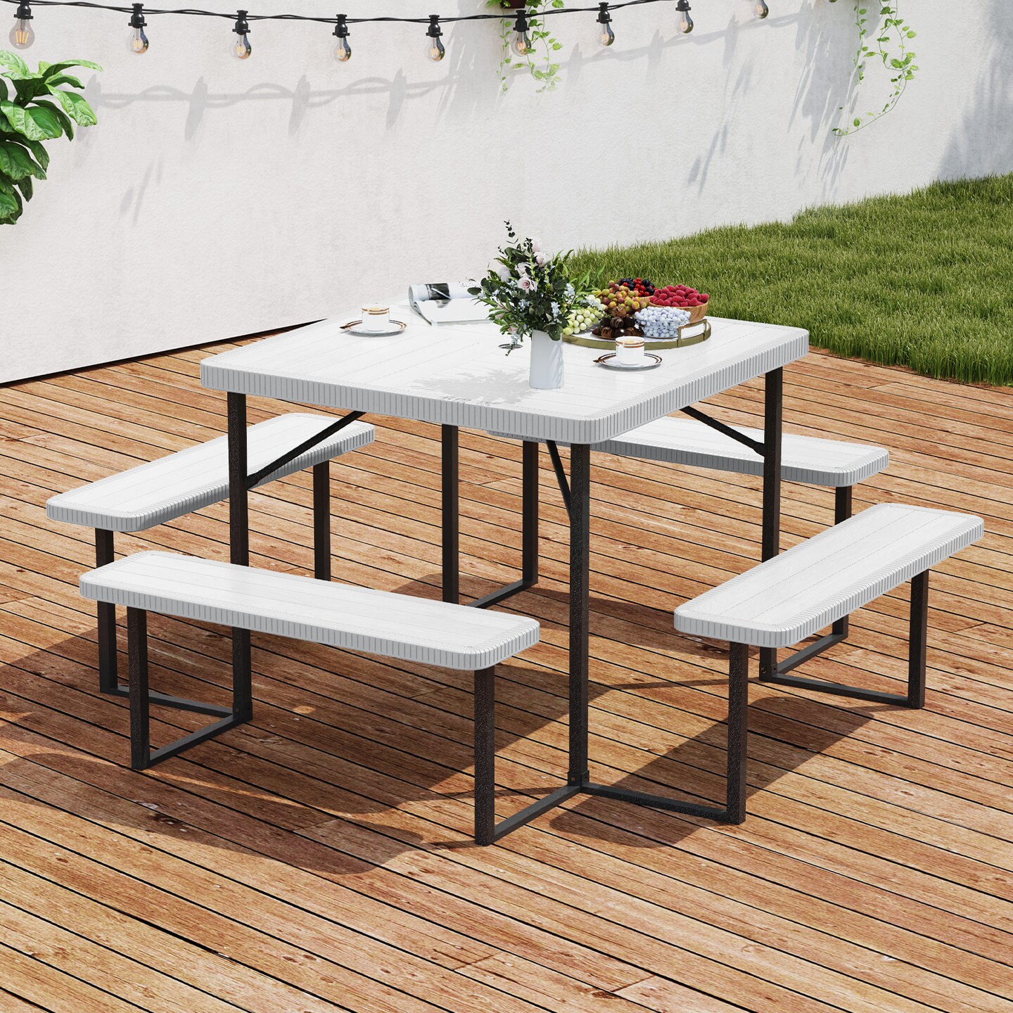 Outdoor Picnic Table Set for 4-8 with Umbrella Hole and Weatherproof Benches