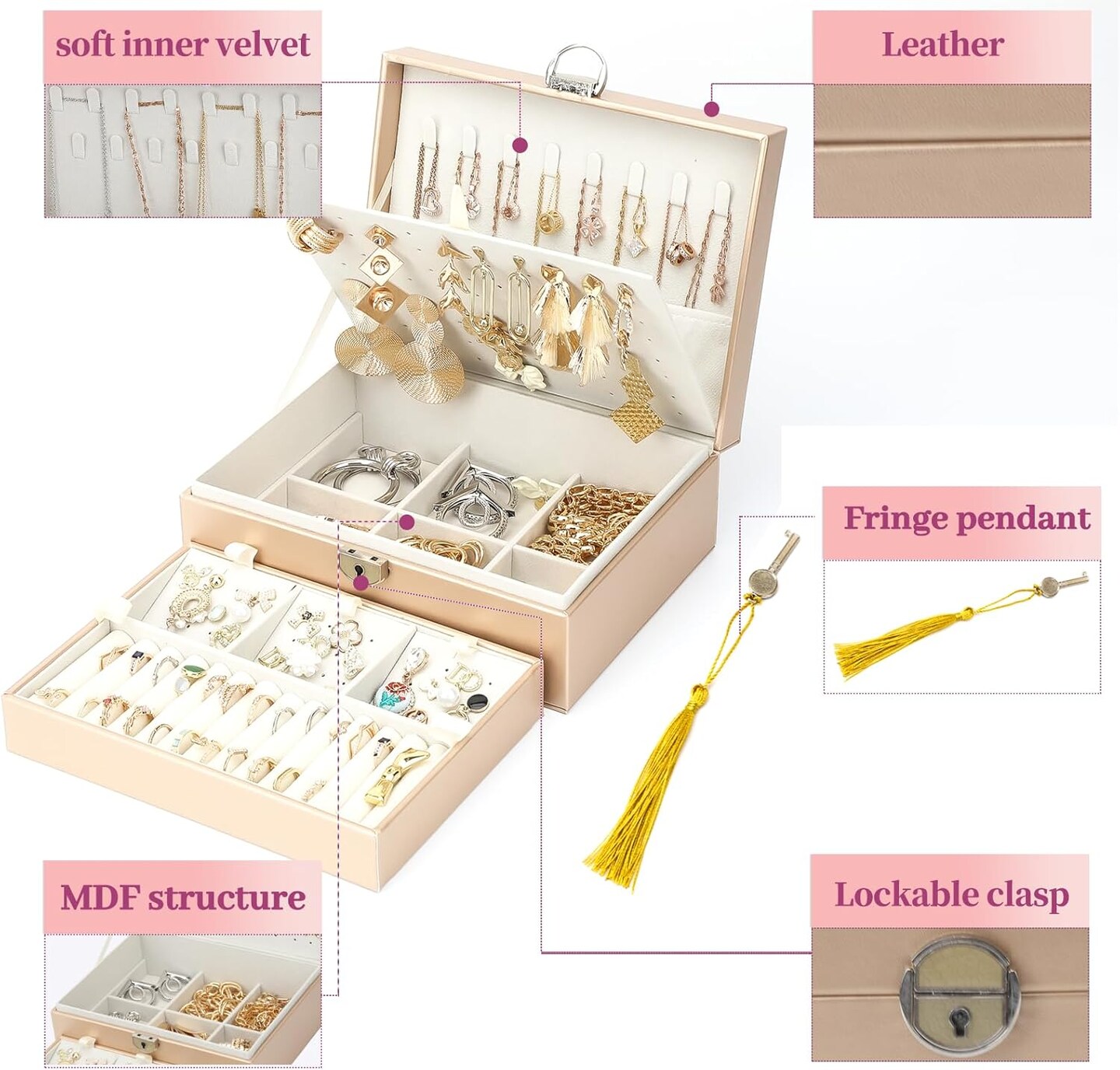 Earring Jewelry Box For Women Girl Stud Organizer, 4 Layers Girl Jewelry Organizer Box With Lock Earring Holder Organizer Necklace Ring Jewelry Organizer Box For Girls (Champagne, 4 layer)