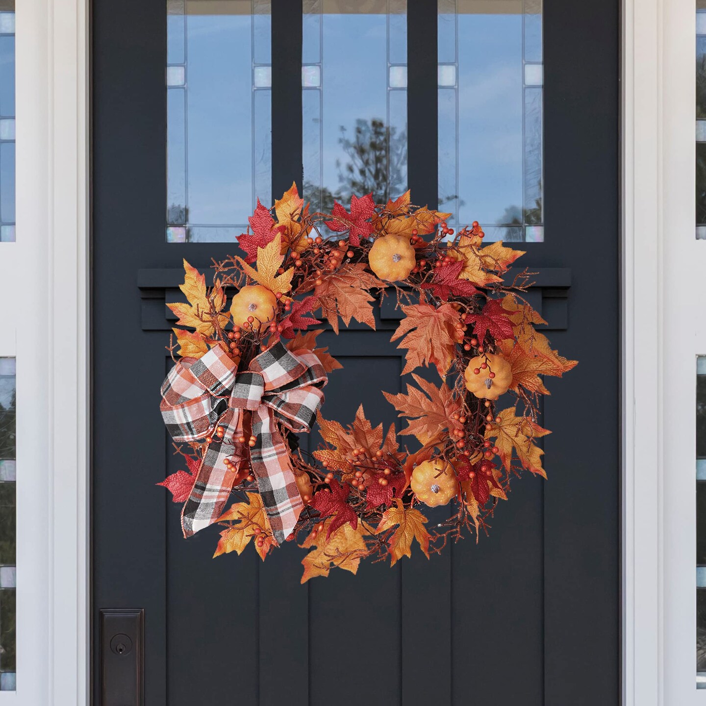 Haute Decor Lighted Wreath with Auto Timer 24 Inch Halloween Pumpkin Plaid Harvest Wreath - Natural Grapevine with 30 Warm White LED Lights - Fall Front Door Decor