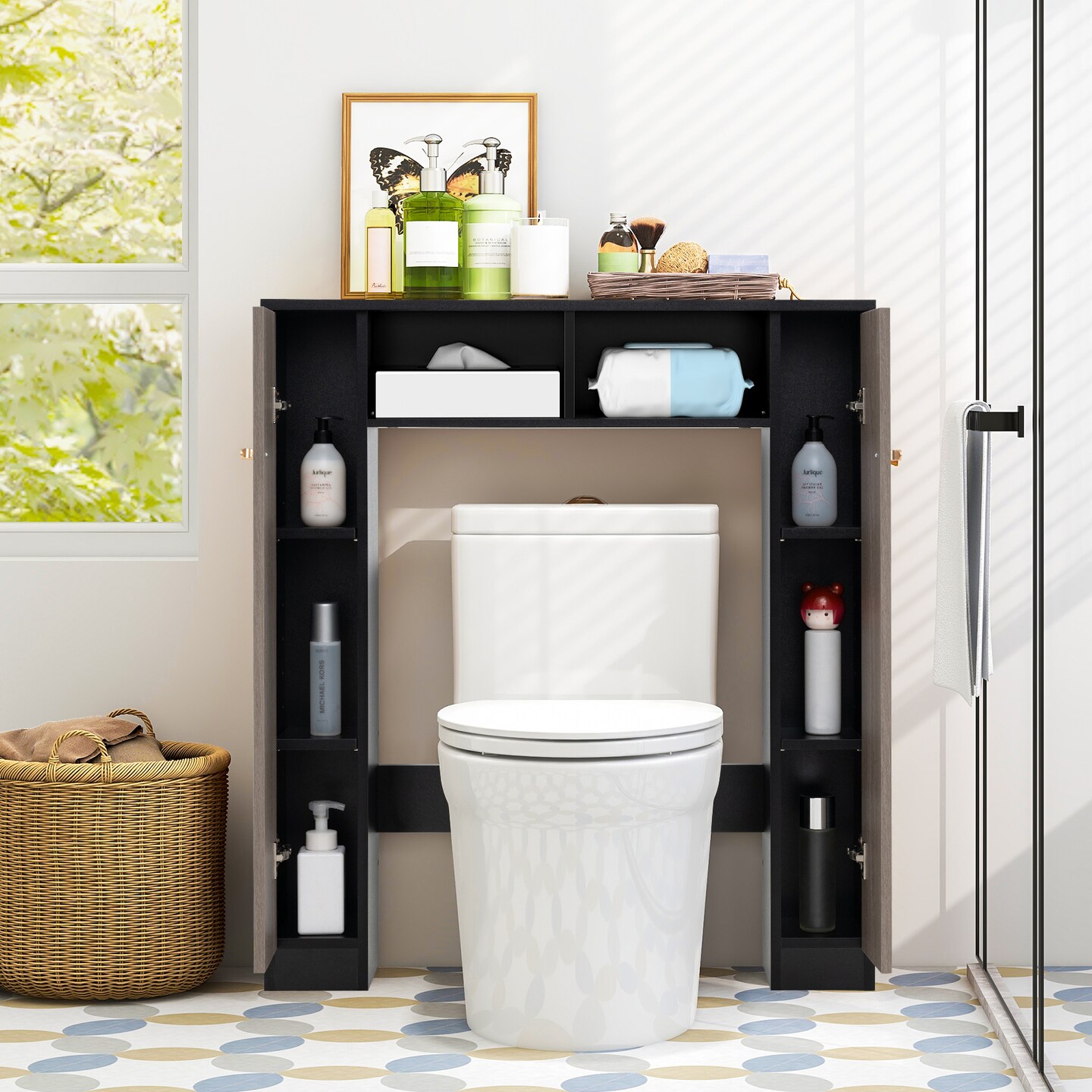 Black Engineered Wood Over-Toilet Storage Cabinet with Adjustable Shelves