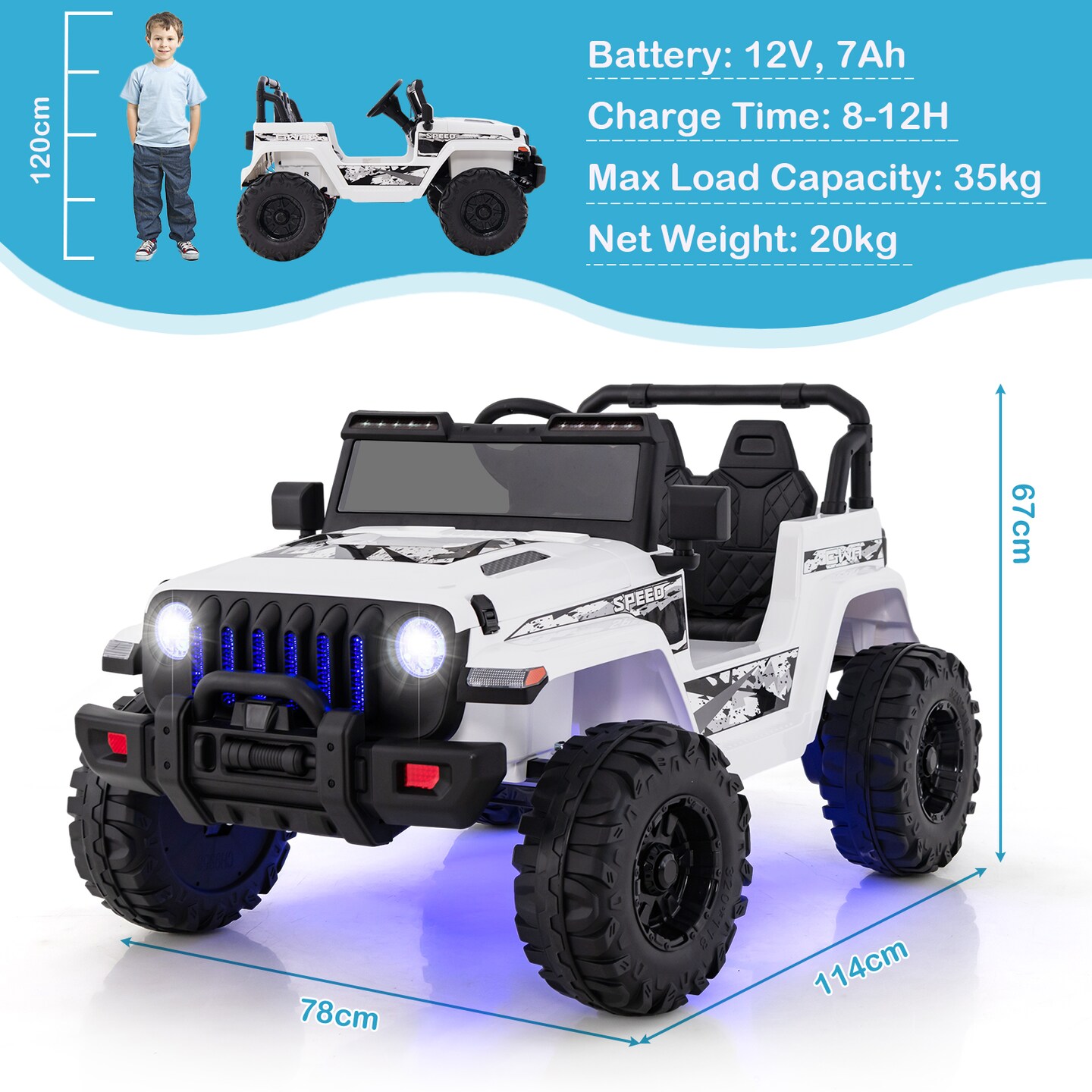 12V Kids Ride-On Car with Remote Control and Two-Speed Modes Music Player and LED Lights for Ages 3 Years