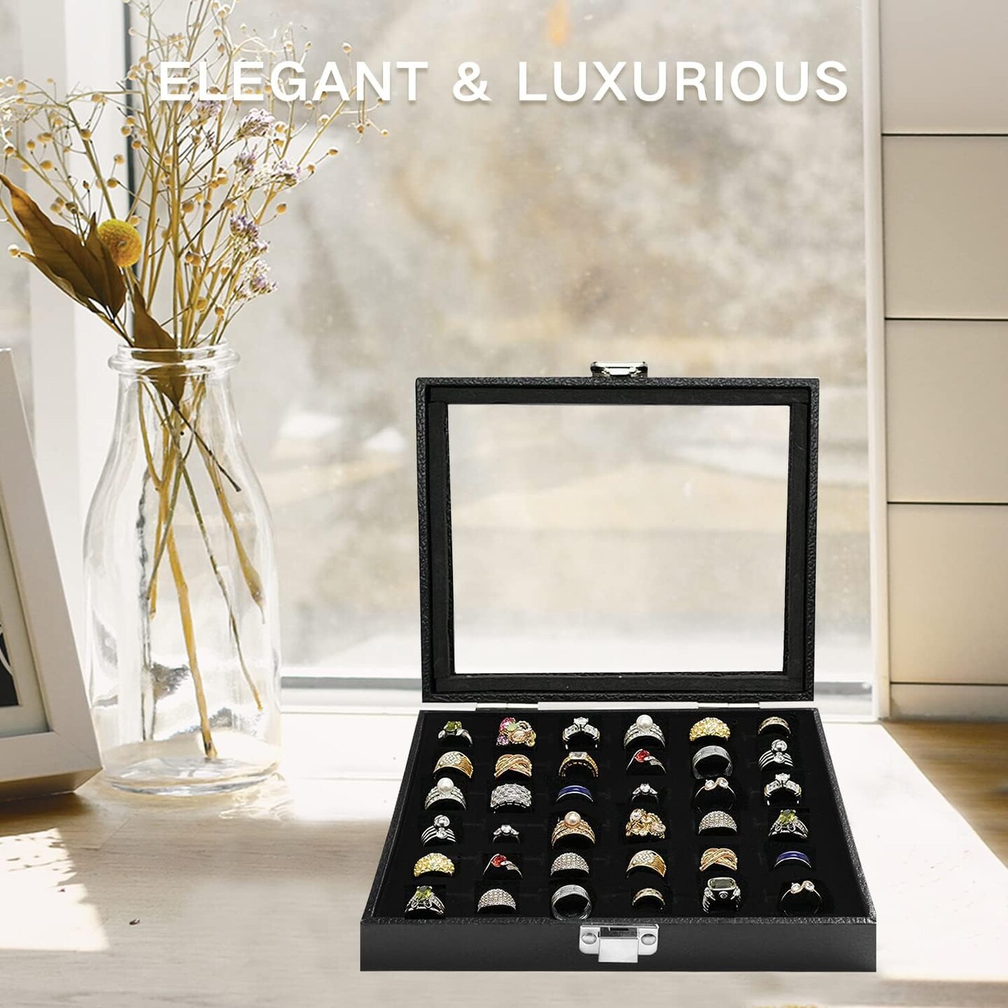 Ring Jewelry Organizer Box – 36 Slot Black Velvet Ring & Earring Display Case with Glass Lid, PU Leather Jewelry Storage Tray, Gift for Women & Girls