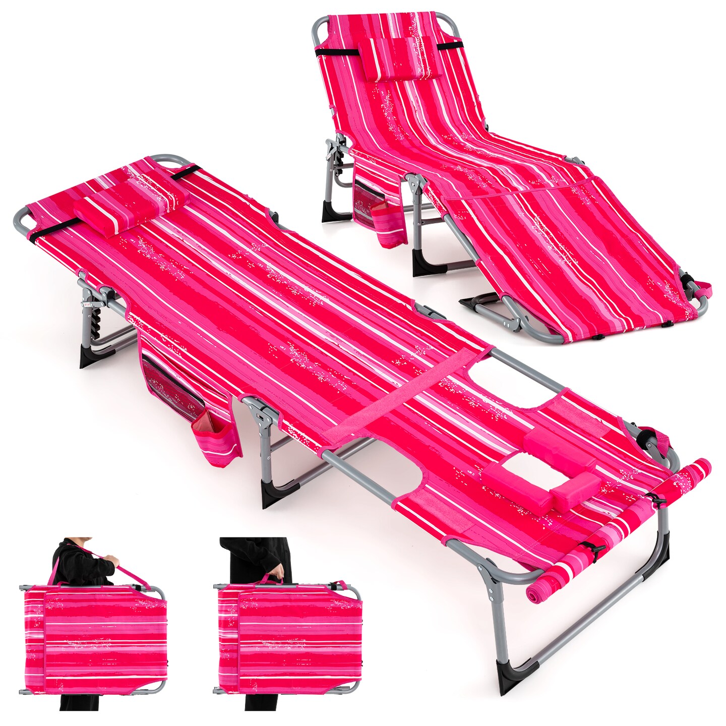 Folding Outdoor Lounge Chair with Adjustable Backrest and Cushioned Face Pillow