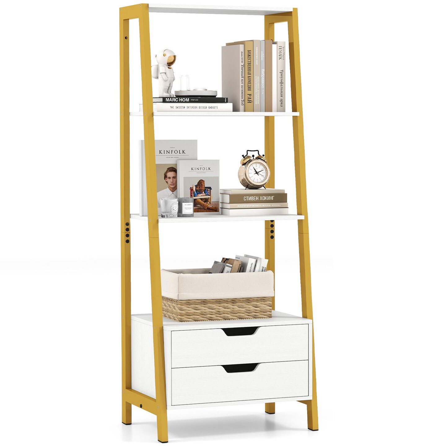 Modern 4-Shelf Ladder Bookcase with Drawers and Sturdy Metal Frame for Living Room or Kitchen
