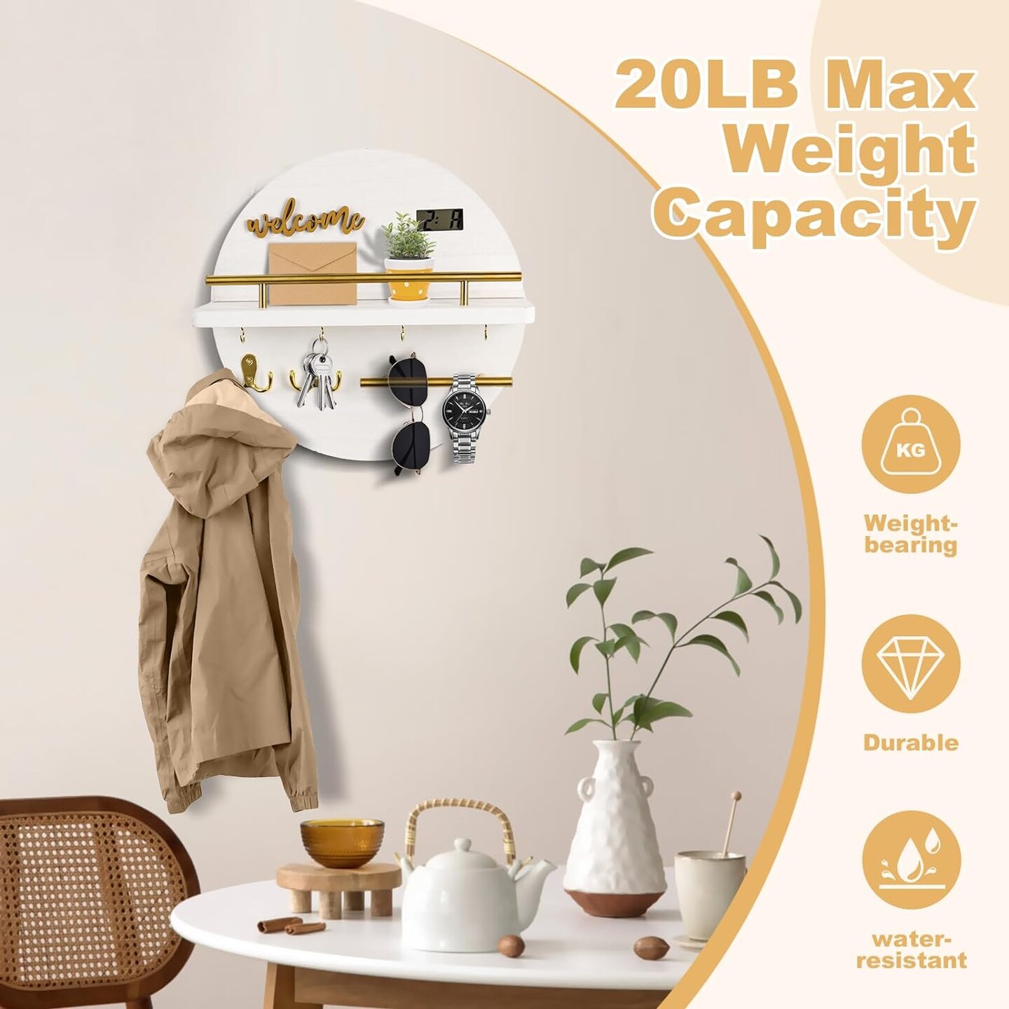 Key Holder for Wall, Key and Mail Holder Organizer with - Key Holder Wall Mount - Round Wooden Rustic Home Decor for Entryway, Mudroom, Hallway, Kitchen Office (White)