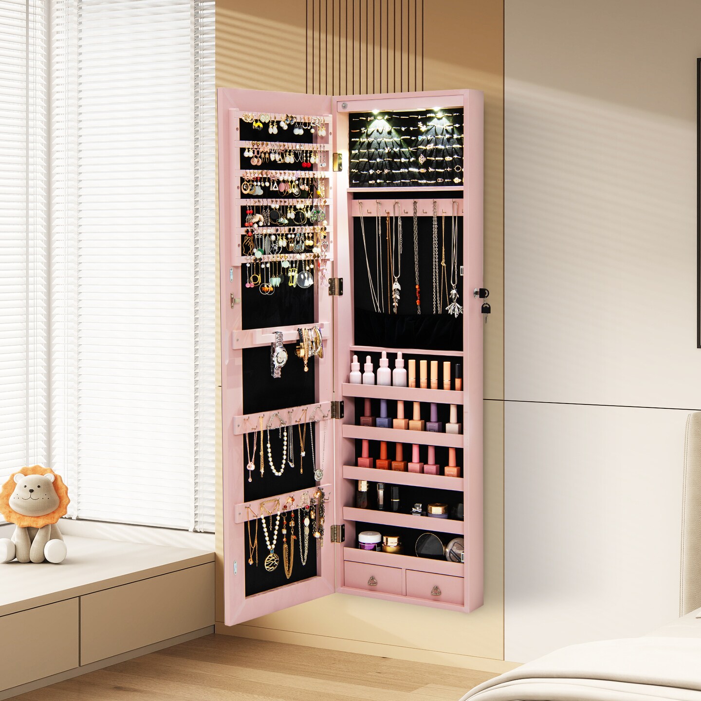 Wall Mounted Lockable Jewelry Cabinet Armoire with Mirror and LED Lights Ideal for Large Rooms