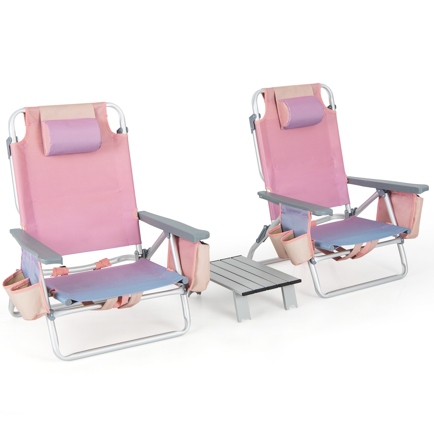 2 Packs 5-Position Recliner Folding Beach Chair Set with Table and Cup Holders Storage Bag