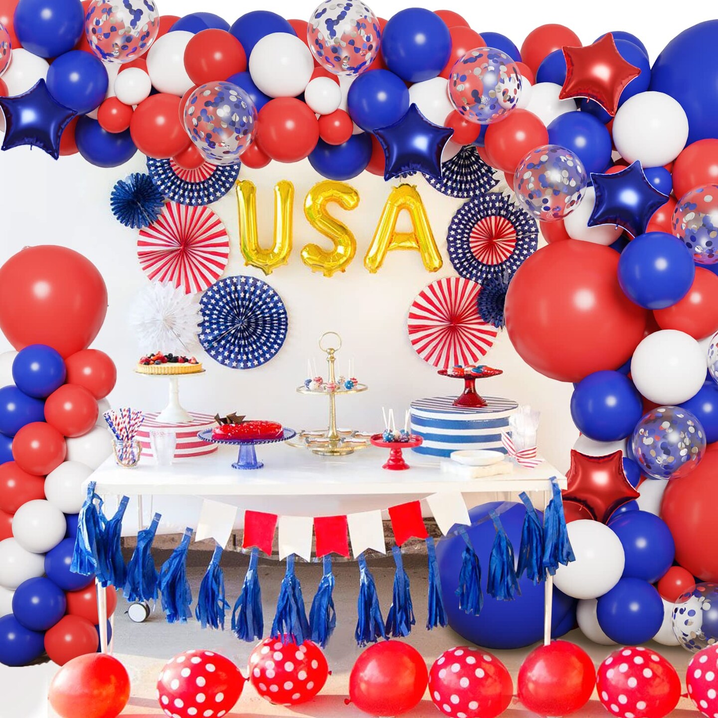 RUBFAC 160pcs Red White and Blue Balloons Garland Arch Kit, 4th of July Balloons Patriotic Decorations, Birthday Wedding Nautical Patriotic Baseball Theme with Star Foil Balloons Decorations