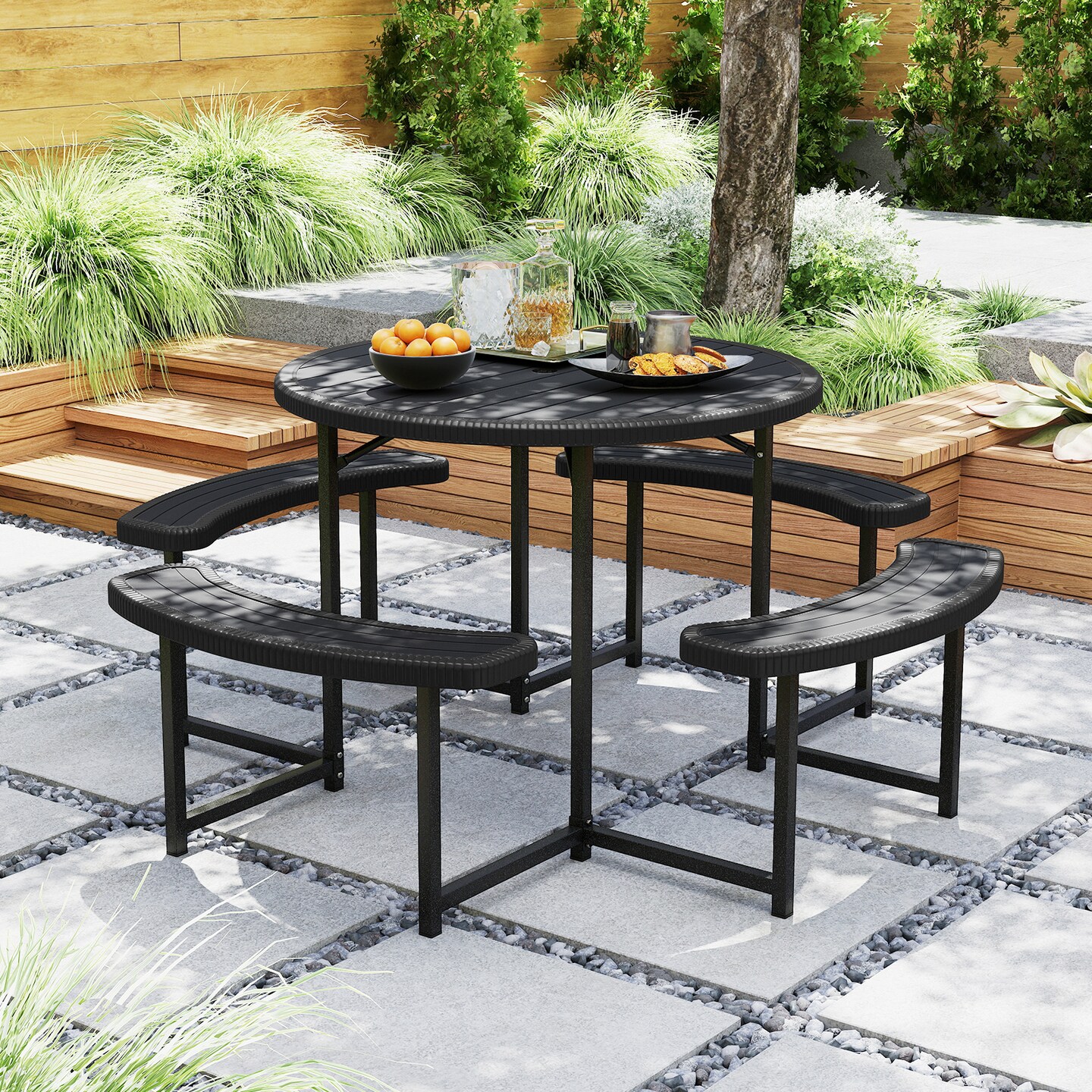 Patio Picnic Table Bench Set with 4 Seats and Umbrella Hole for Outdoor Dining