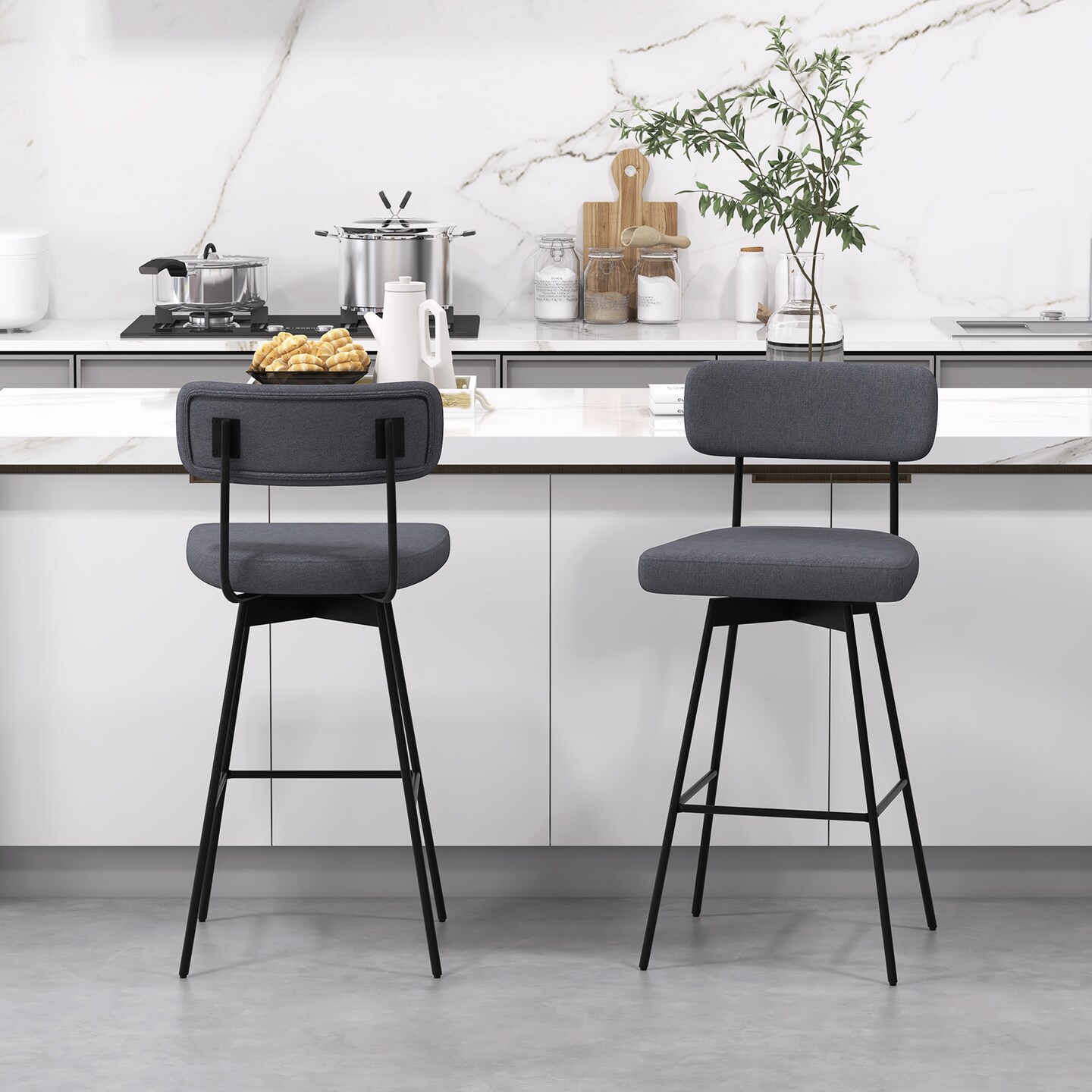 Set of 2 Grey Linen Upholstered Bar Stools with 360 Degree Swivel Metal Frame and 29” Seat Height