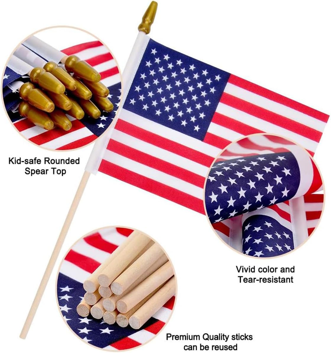 6 Pcs 4x6 Inch American Flags on Stick, Mini Handheld US Flags with Solid Wooden Pole Safety Spear Top for Yard Sign, Memorial Day, Independence Day Decorations, Parade, Patriotic Decorations