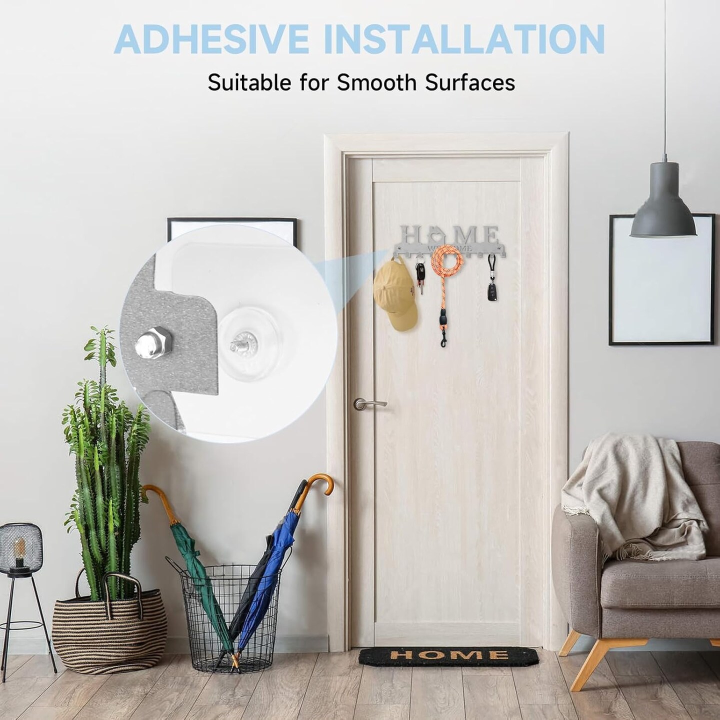 Key Holder Wall Mount, Metal Adhesive Key Hanger with 10 Hooks, 2 Installation Methods, Silver