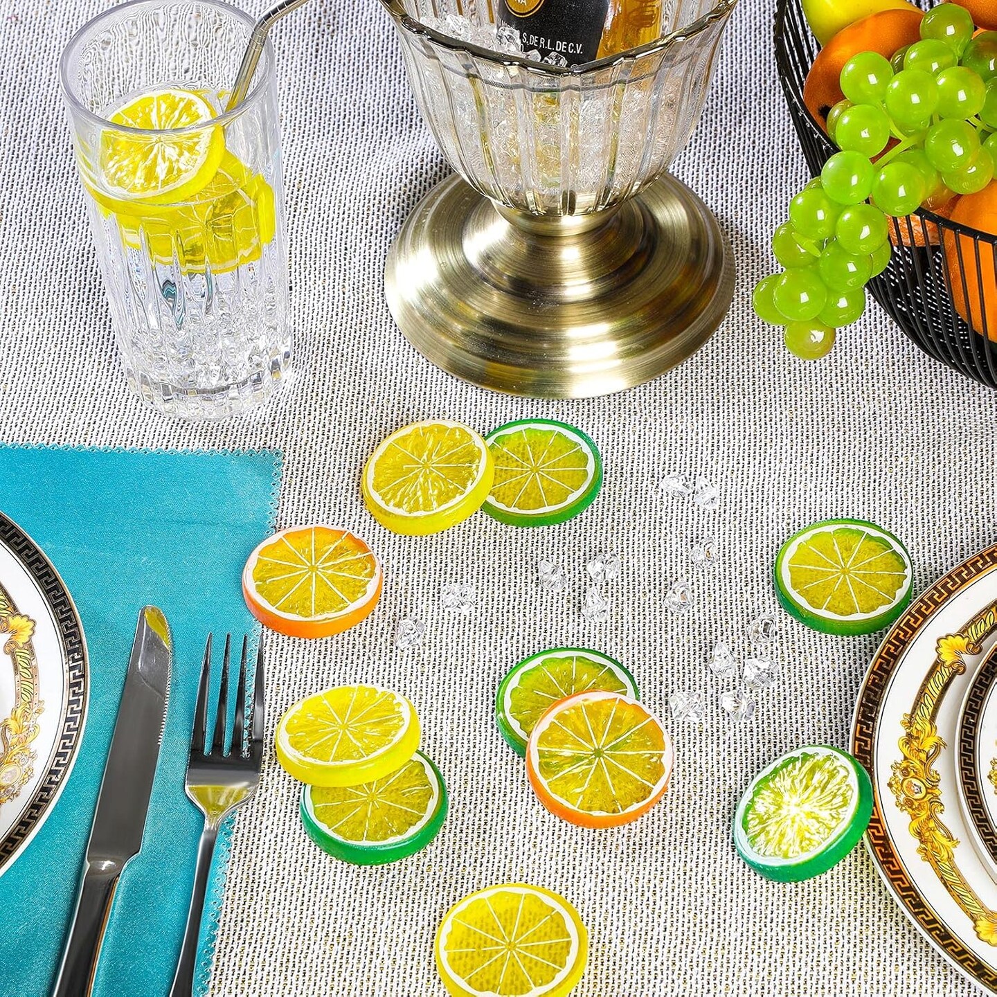 300 Pieces Clear Fake Crushed Ice Cubes Rocks and 20 Pieces Simulation Lemon Slices, Artificial Fruits and Acrylic Diamonds Clear Ice for Vase Fillers Table Centerpiece Decor Wedding (2 x 0.4 Inch)