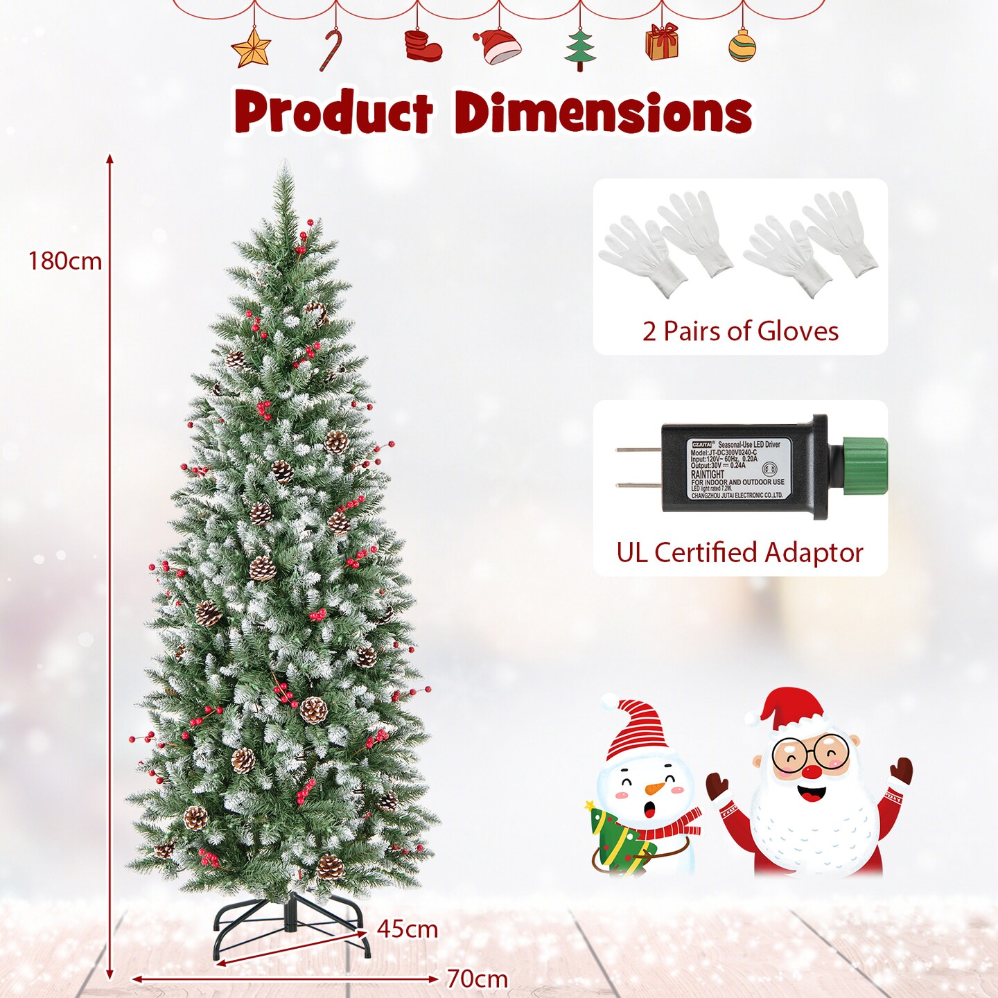 Green Pencil Christmas Tree with Warm White Lights, Snow-Frosted Tips and Metal Base