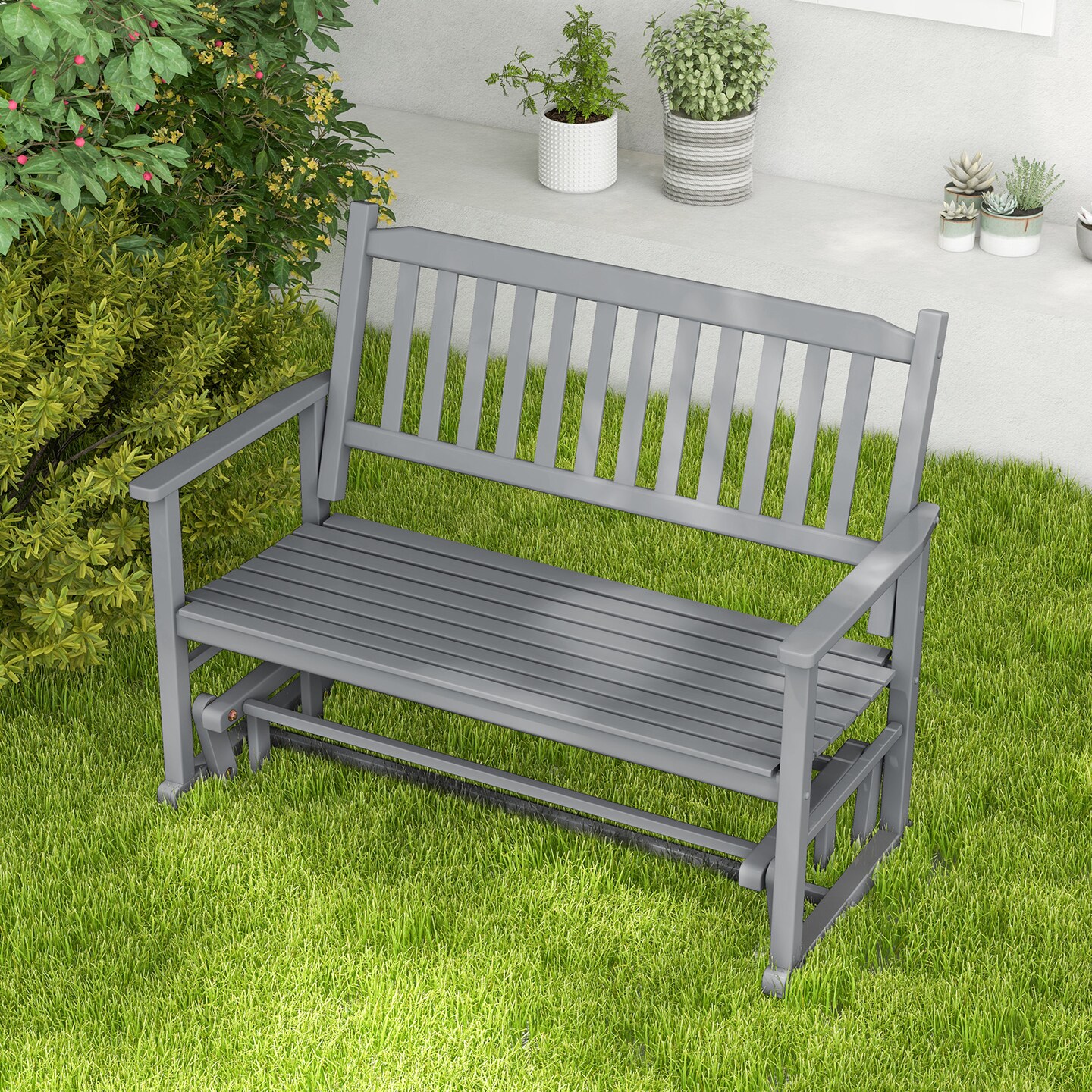 Spacious 2 Person Outdoor Glider Bench with Slatted Seat and Armrests