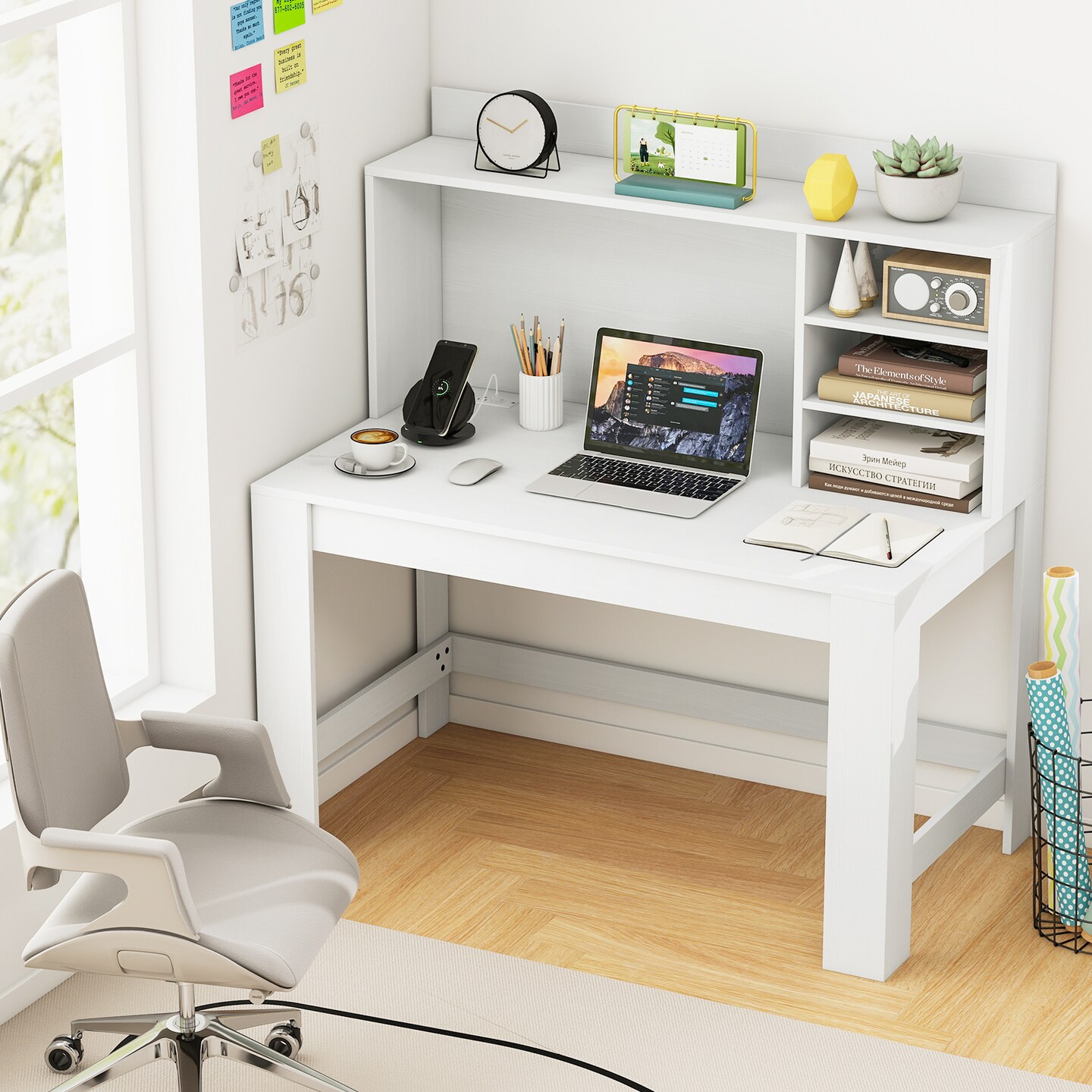 Modern Computer Desk with Hutch Built In Charging Station Storage Shelves
