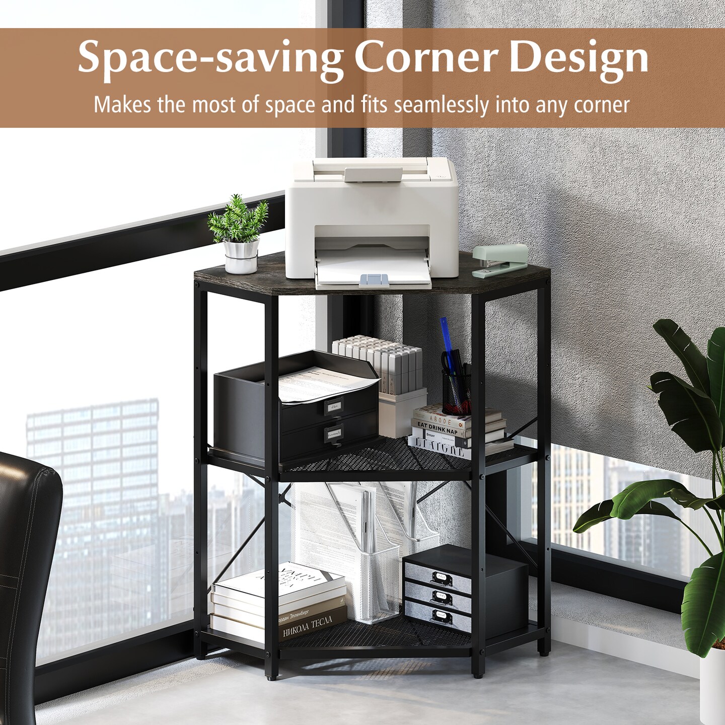 Black Engineered Wood and Metal Corner Printer Stand with Power Strip