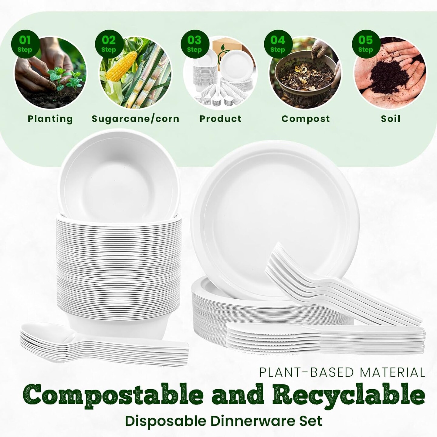 Disposable Plates and bowls set 250 PCS, Compostable Paper Plates with Extra Long Utensils, Microwave Safe Disposable Plates & Cutlery Include Bowls, Forks, Knives and Spoons, 50 Sets Each