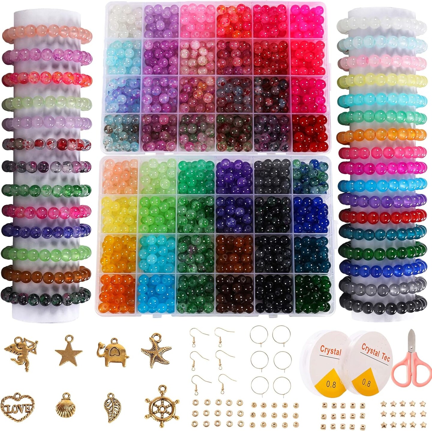 Glass Beads for Jewelry Making, 1300pcs + 8mm 48 Colors Round Crystal Glass Beads Bracelet Making Kit, Bead Starter Kit