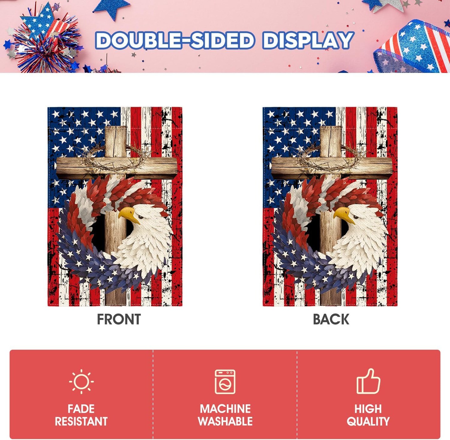 Patriotic Stars and Stripes Eagle Wreath Garden Flag 12x18 Inch Double Sided Outside, USA 4th of July Memorial Day Independence Day Watercolor Yard Outdoor Decoration