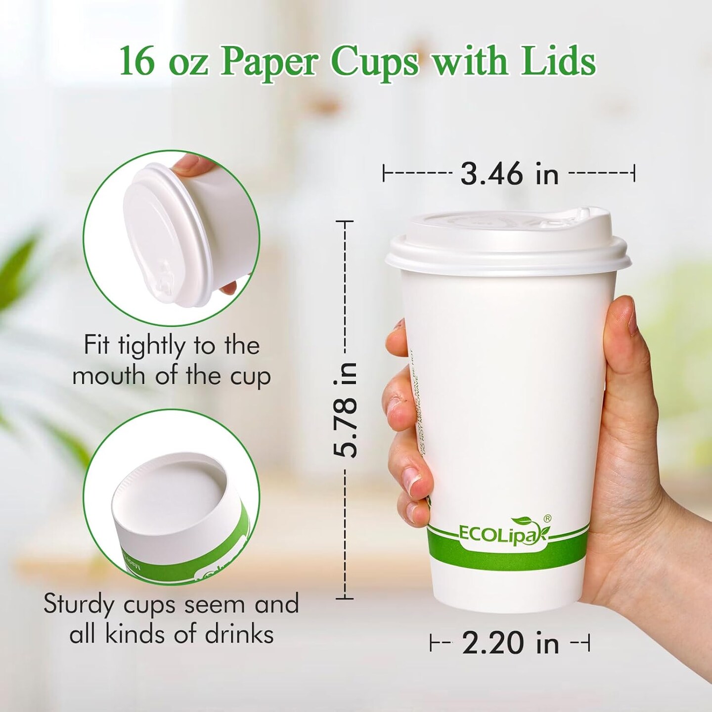 100 Count 16 oz Compostable Paper Coffee Cups, Biodegradable Disposable Coffee Cups with CPLA Lid, Eco-friendly Hot Drinking Cups for Party, Picnic, Travel,and Events
