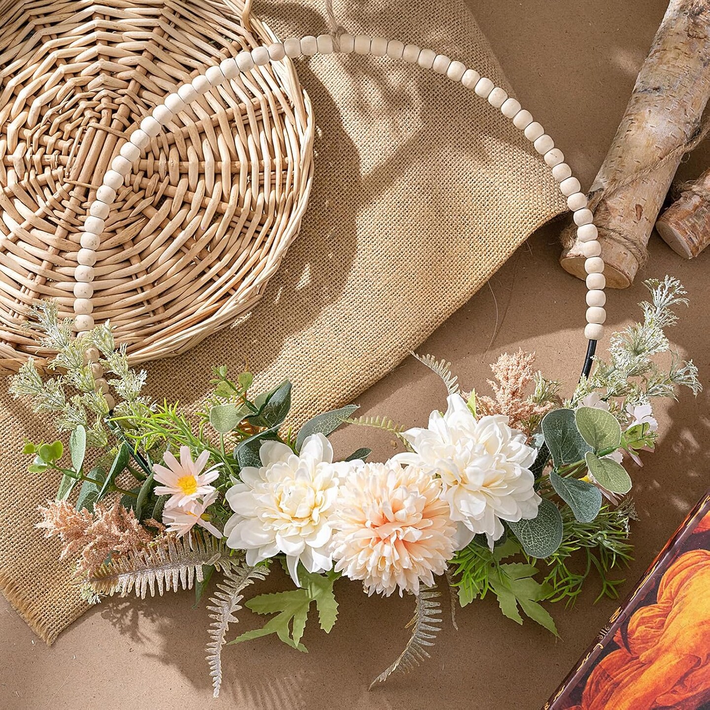 Artificial Flower Wreath for Front Door Floral Hoop Wreath Decor with Wood Beads Milk White Flowers Green Leaves Summer Home Decor