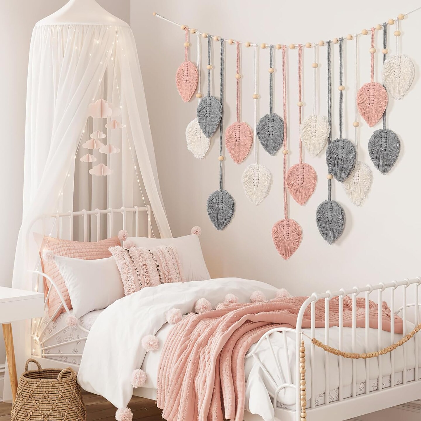 Macramé Wall Hanging – Boho Leaves Tapestry with Handmade Yarn Feathers, Chic Pink & Gray Woven Wall Art for Bedroom, Living Room, Nursery, or Office Backdrop