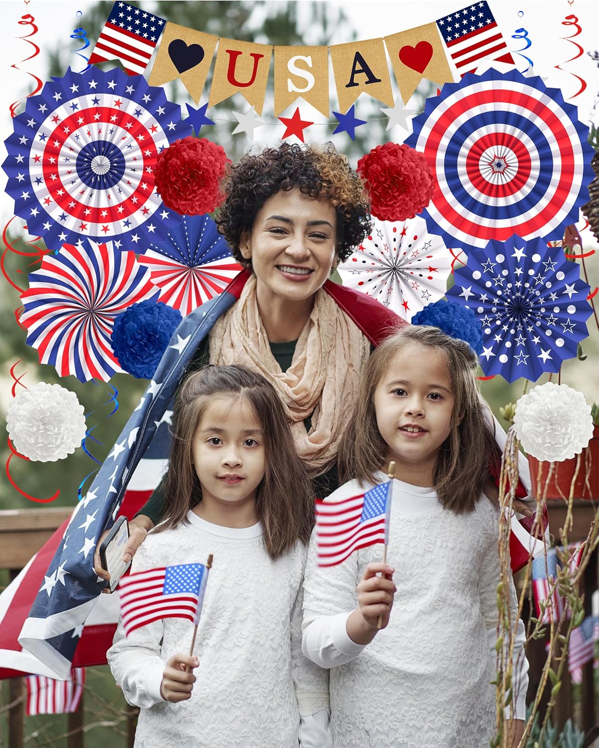 30-Piece Patriotic Decorations Set, LOVE USA Banner, American Flag Paper Fans and Pom-Poms, Red White & Blue 4th of July, Veterans Day, Labor Day, Memorial Day Indoor & Outdoor Party Decor