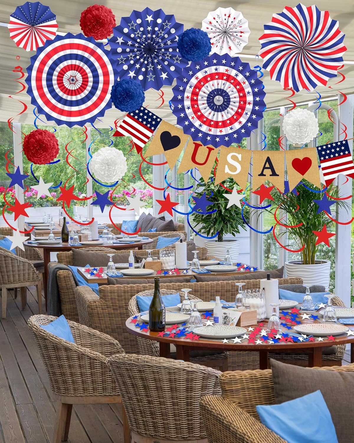33-Piece Patriotic Decorations Set, 4th of July & Memorial Day Hanging Swirls and Stars, Red White & Blue Streamers and USA Banner for Indoor and Outdoor Parties, Veterans Day and Independence Day Decor