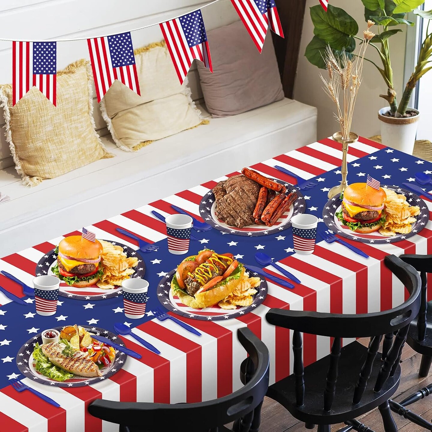 Patriotic Party Supplies Set, 152-Piece American Flag Decorations with Tablecloth, Plates & Cups – Red, White and Blue Decor for 4th of July, Memorial Day, Outdoor Picnic