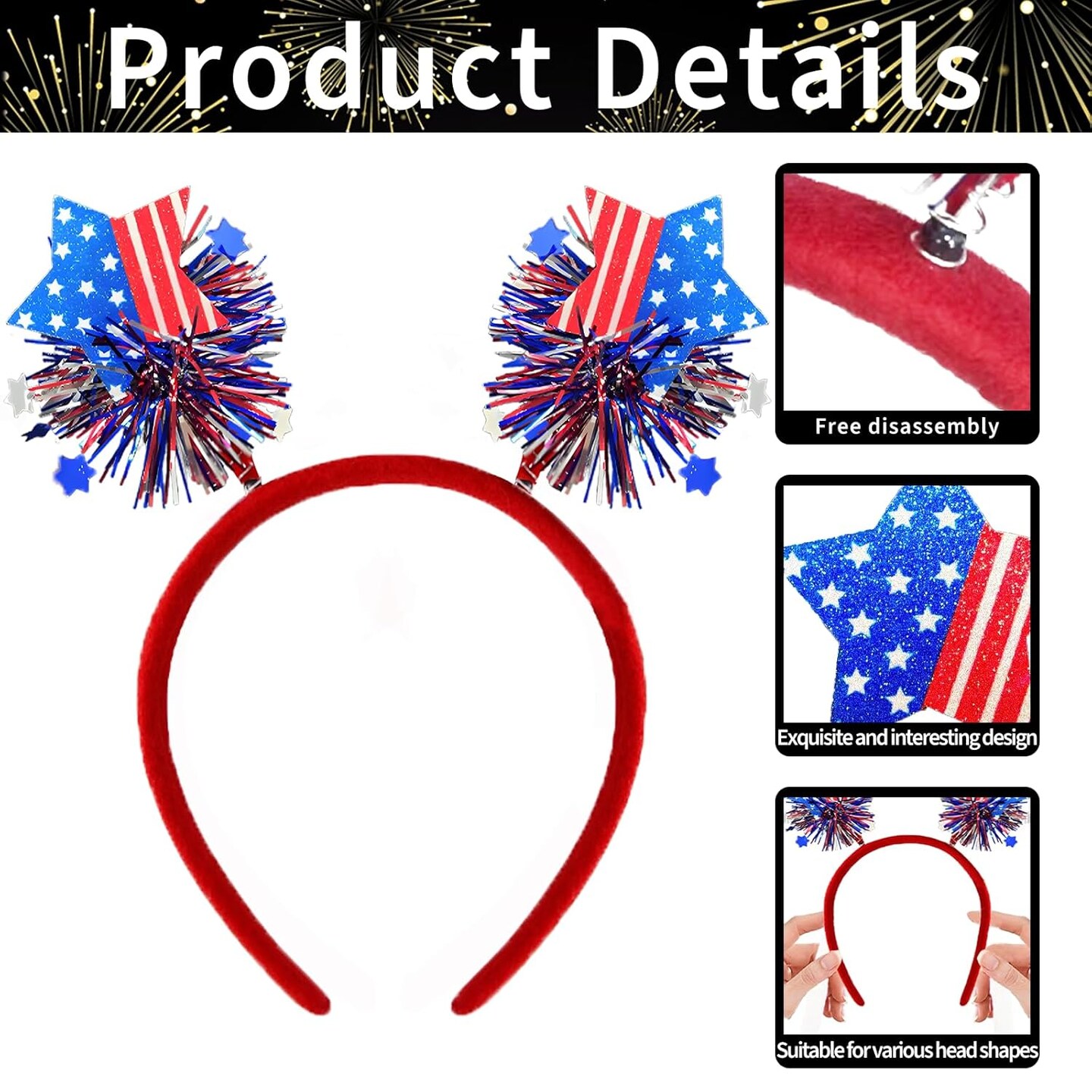 Patriotic Star Headband &#x2013; Red White Blue Head Bopper Headpiece Costume Dress-Up Accessories for 4th of July, Independence Day, Memorial Day, Veterans Day, Parades USA Themed Party Favors Photo Props