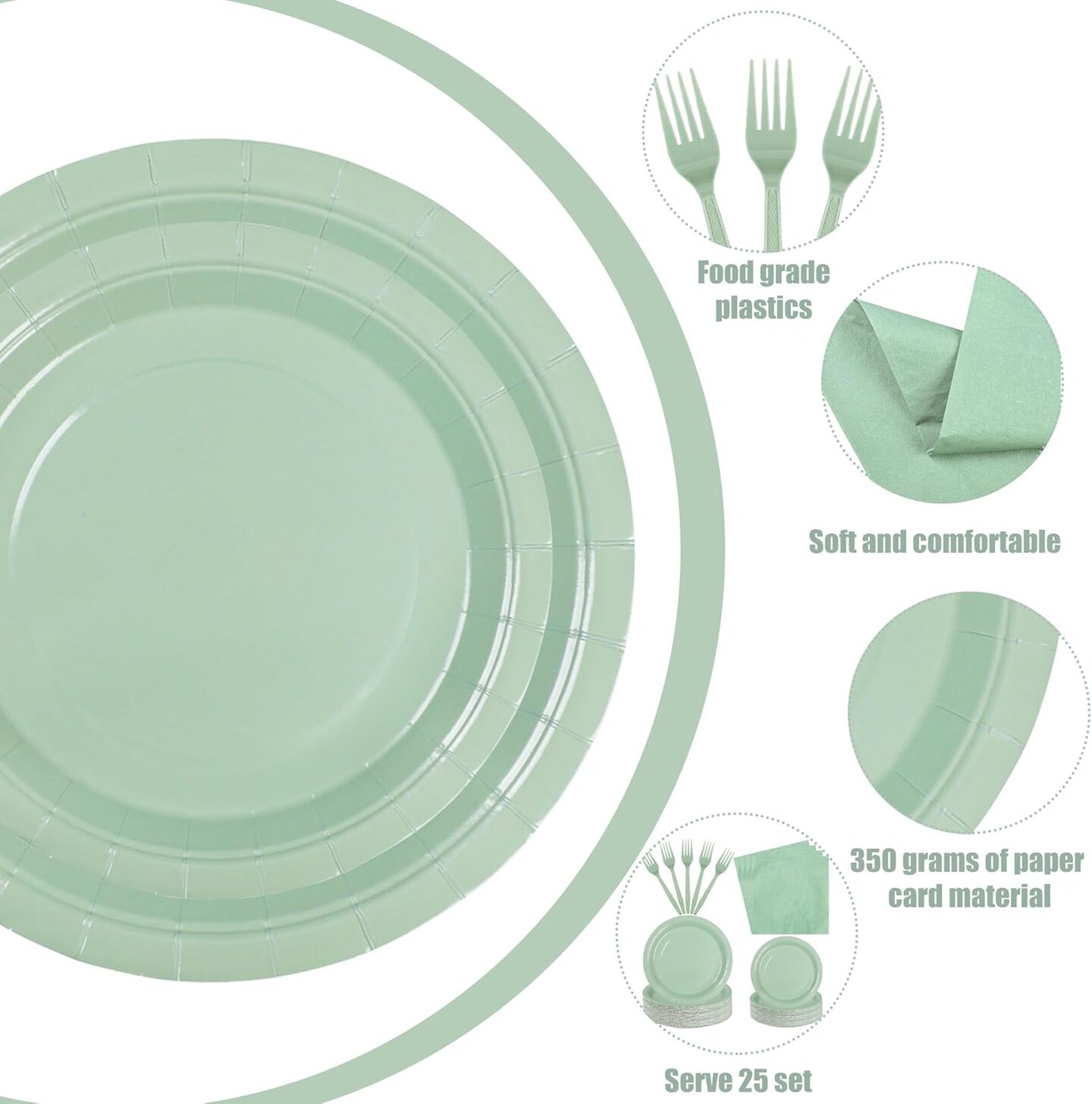 100 Count Sage Paper Plates and Napkins - Green Party Tableware Set - Disposable Plates, Napkins and Forks for Wedding, Birthday, Bridal Shower, Baby Shower - Serve 25