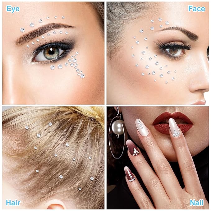 4 Sheets Mini Gems Stickers for Nose, Ear, Eyes, Face Jewels Stick on, Adhesive Rhinestone Makeup for Festivals, Parties, Daily Use for Women, Girls (2mm, 2.5mm, 3mm, 4mm, Silver)
