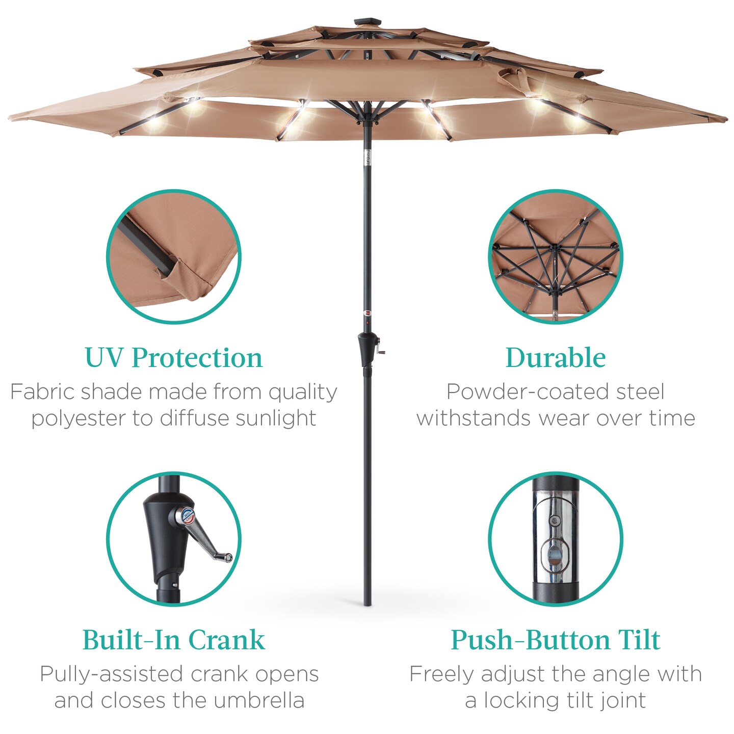 Best Choice Products 10ft 3-Tier Solar Patio Umbrella w/ 24 LED Lights, Tilt Adjustment, Easy Crank