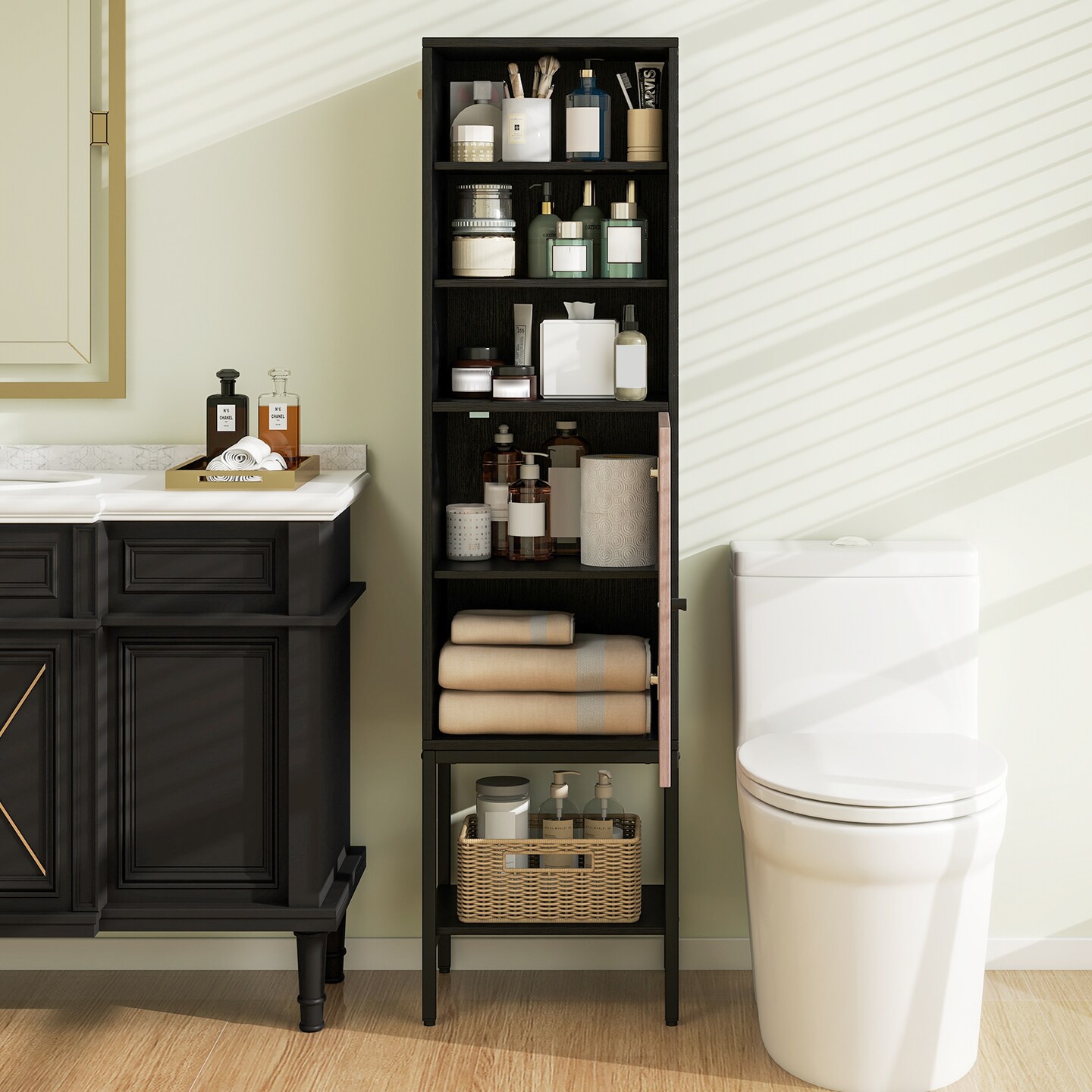 57 Inch Bathroom Tall Cabinet with and 3-Position Storage Adjustable Shelves and 1 Door