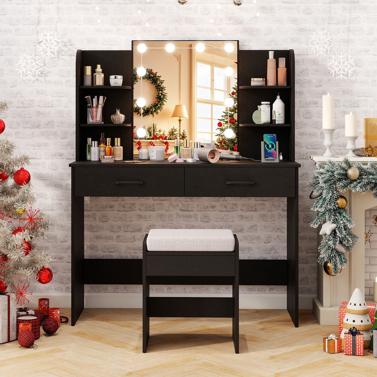 Vanity Set with Lighted Mirror and Stool for Easy Storage and Charging
